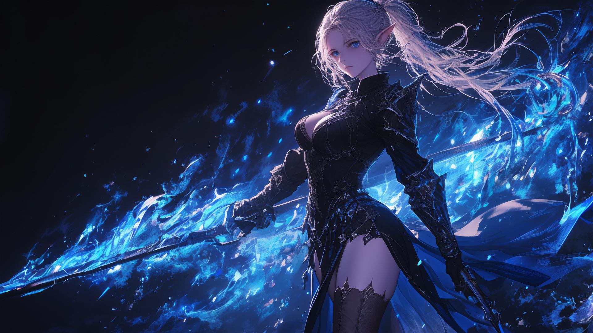 Fantasy Elf girl with dark background in dynamic pose with spotlight effect