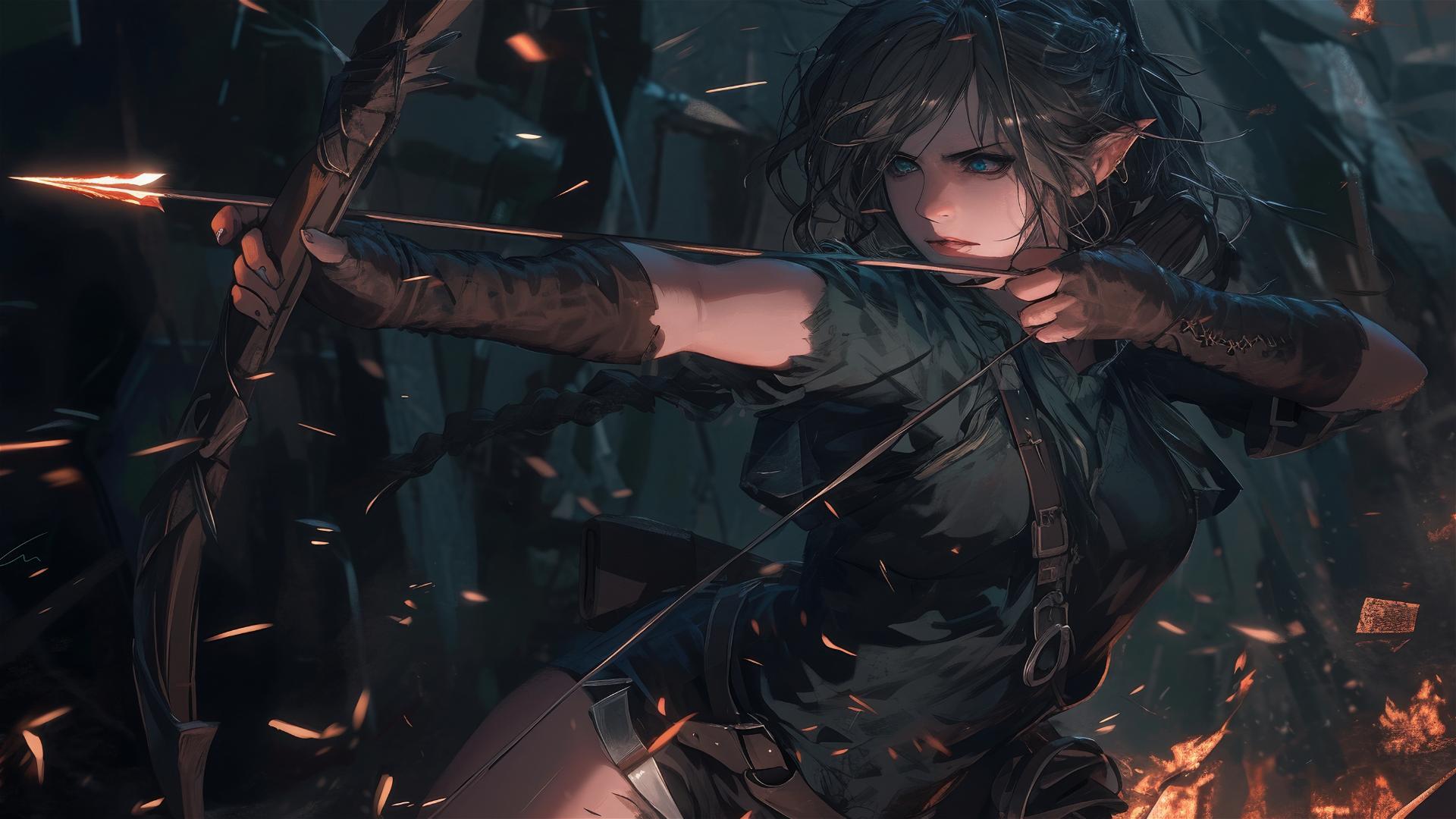 Fantasy Elf Archer in dynamic pose with spotlight effect on dark background