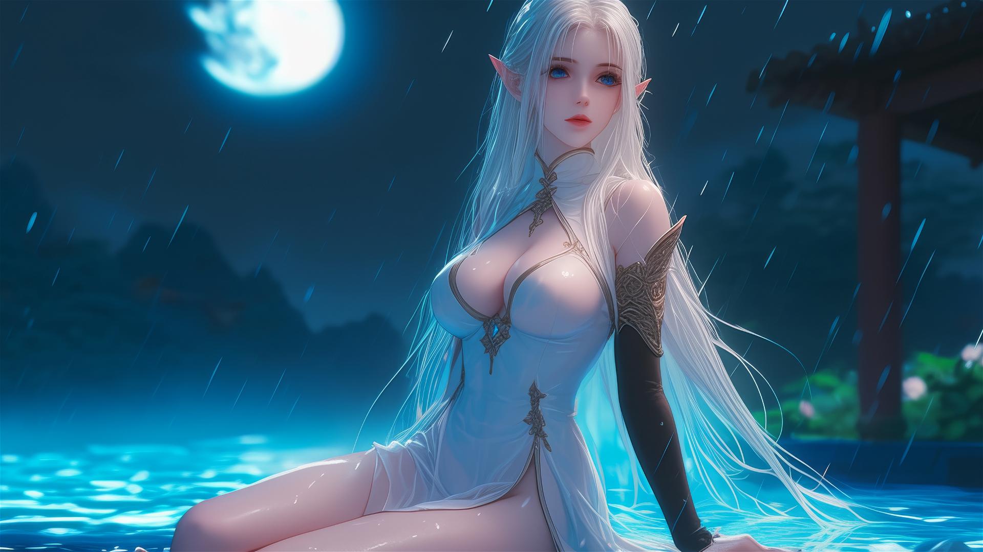 Fantasy Elf girl resting by pool under moonlight in white dress