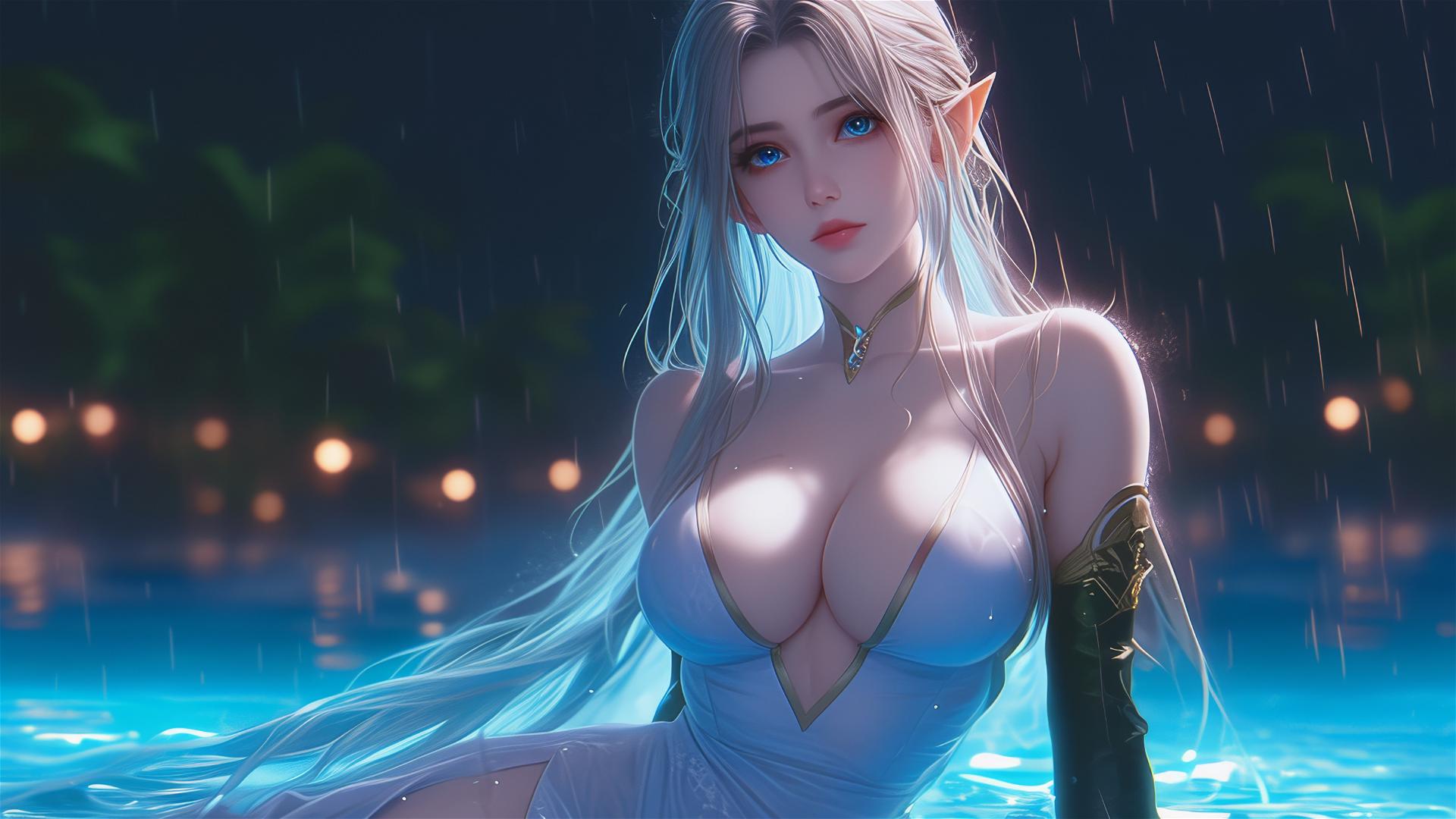 Fantasy Elf girl resting by pool in moonlight, rain falling