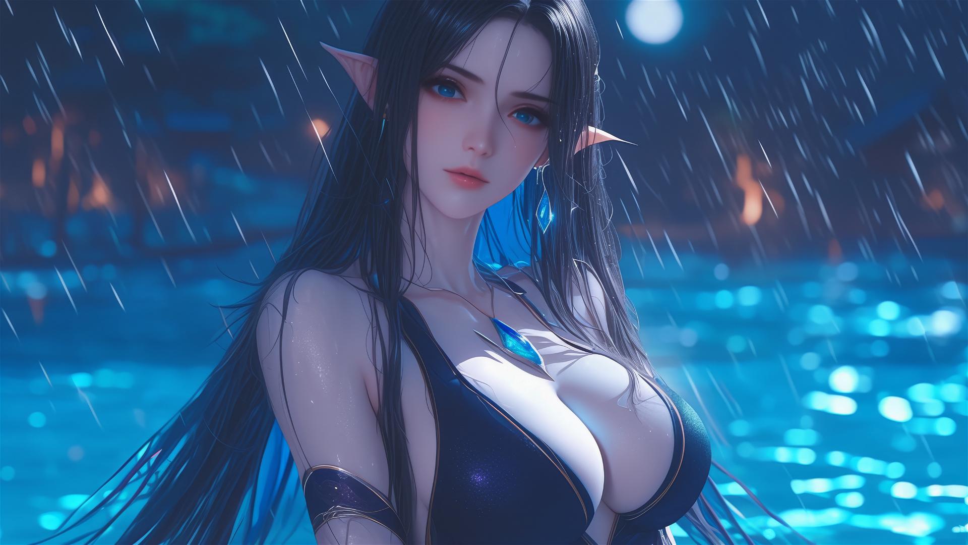 Fantasy Elf girl resting by a pool under moonlight on a rainy night