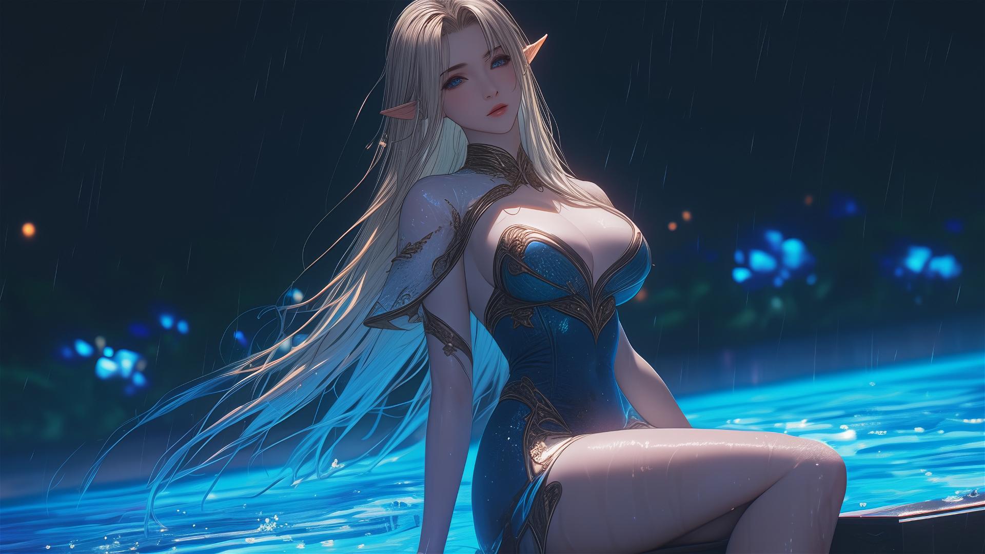 Fantasy Elf girl resting by a moonlit pool in the rain