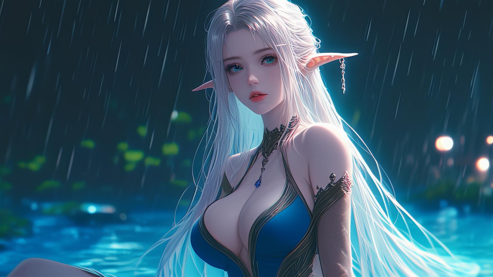 Fantasy elf girl resting by pool with moonlight glow