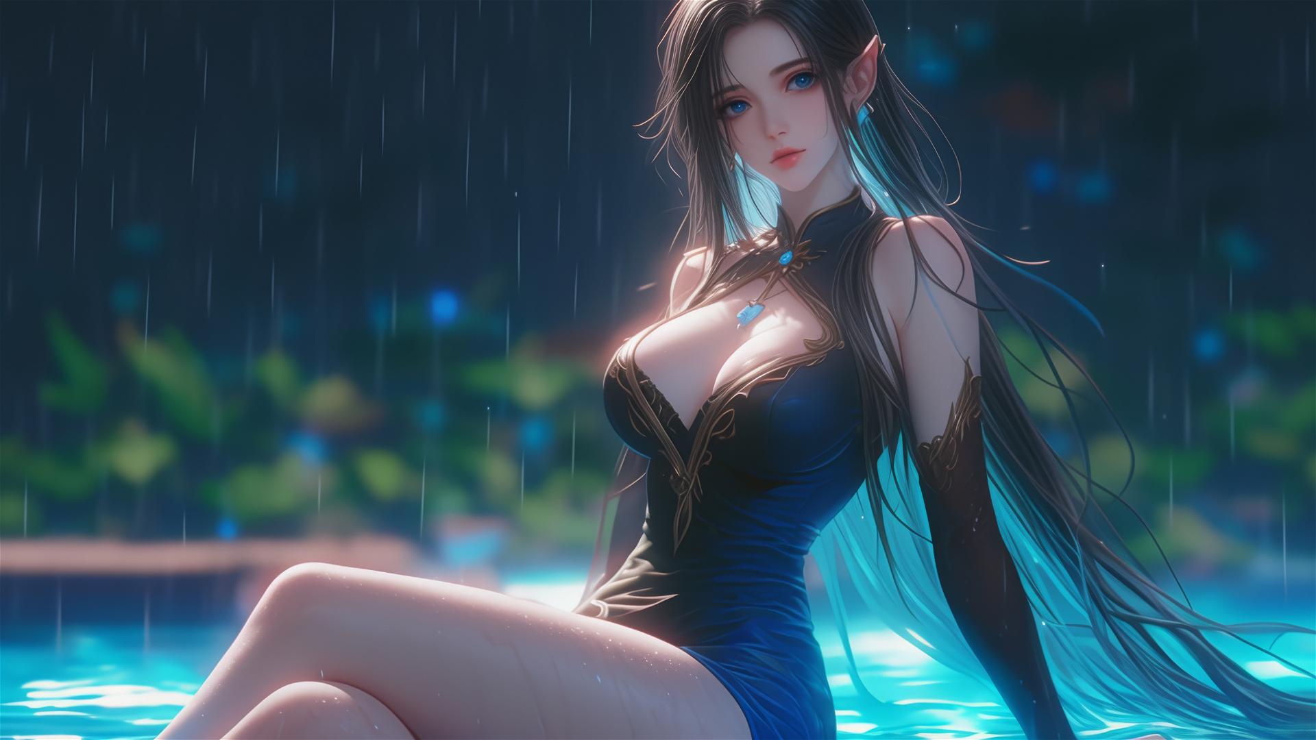 Fantasy Elf girl resting by pool with moonlight glow