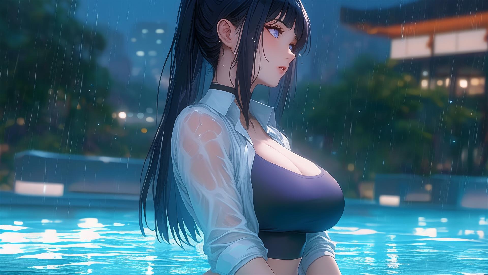 Hinata Hyuga by poolside in moonlight with rain