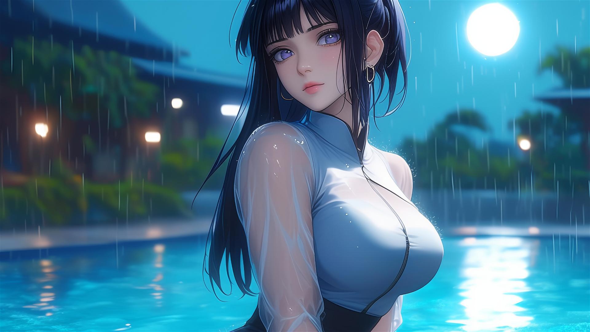 Hinata Hyuga resting by pool under moonlight in rain