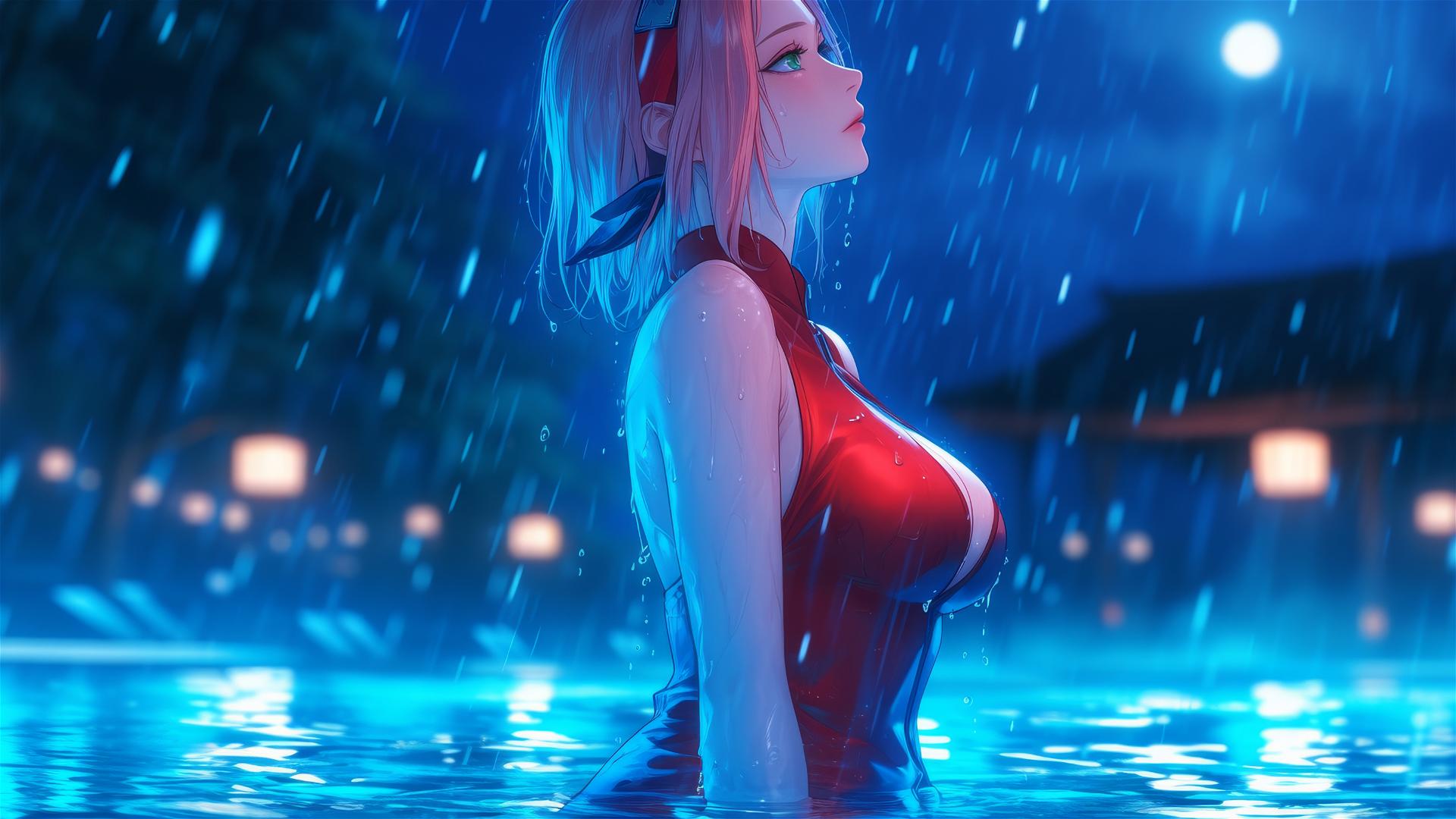 Sakura Haruno standing in a pool under moonlight with rain