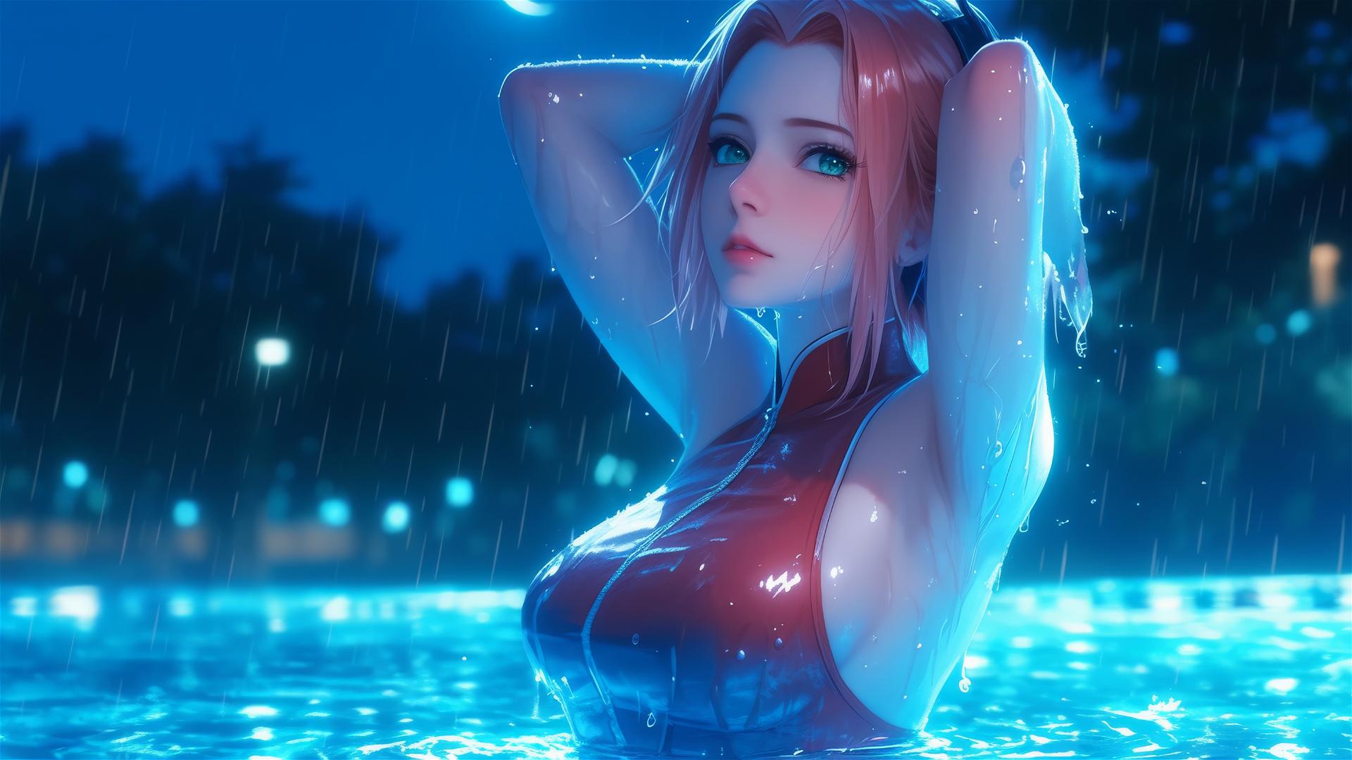 Haruno Sakura standing in a pool under moonlight with rain
