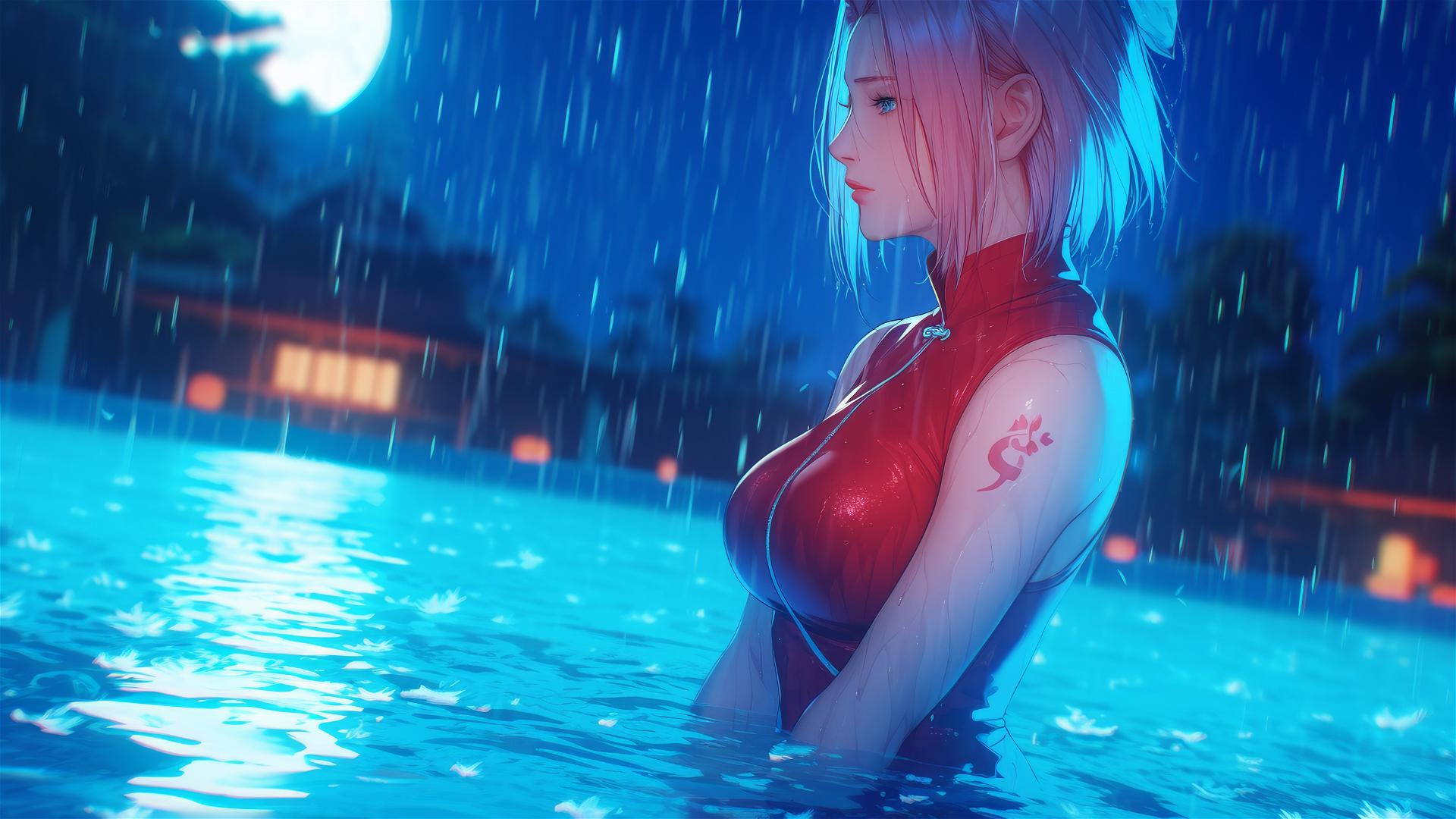 Haruno Sakura from Naruto standing in a rainy pool, moonlit glow