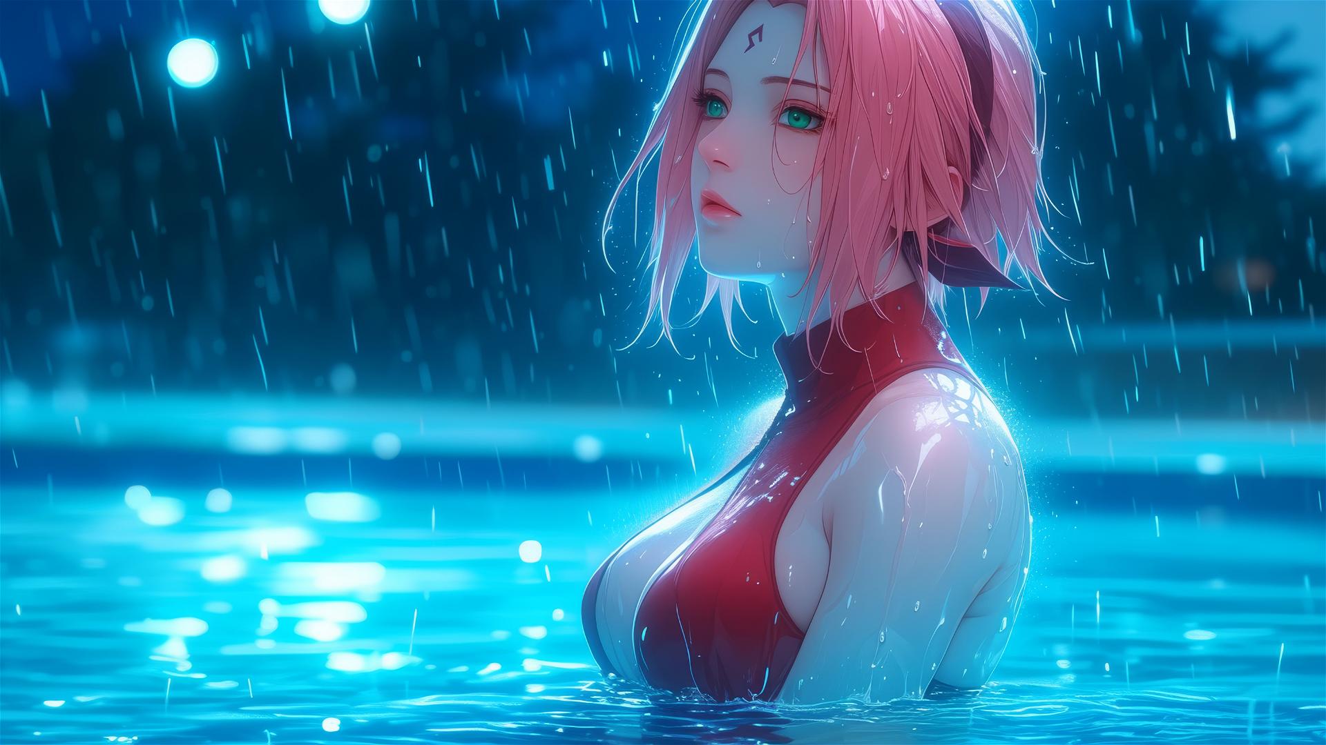 Haruno Sakura standing in rainy pool with moonlight glow, short hair