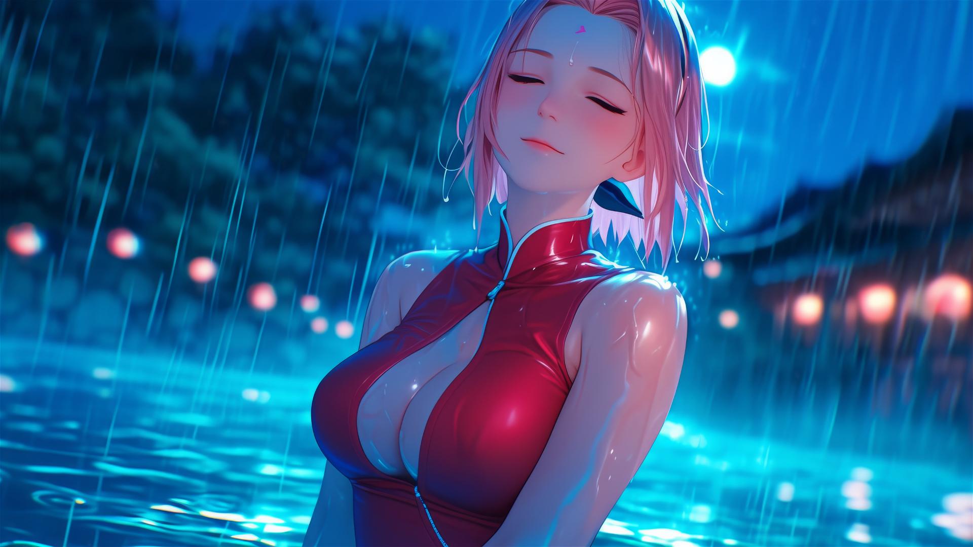 Haruno Sakura from Naruto standing in a pool under the moonlight with short hair
