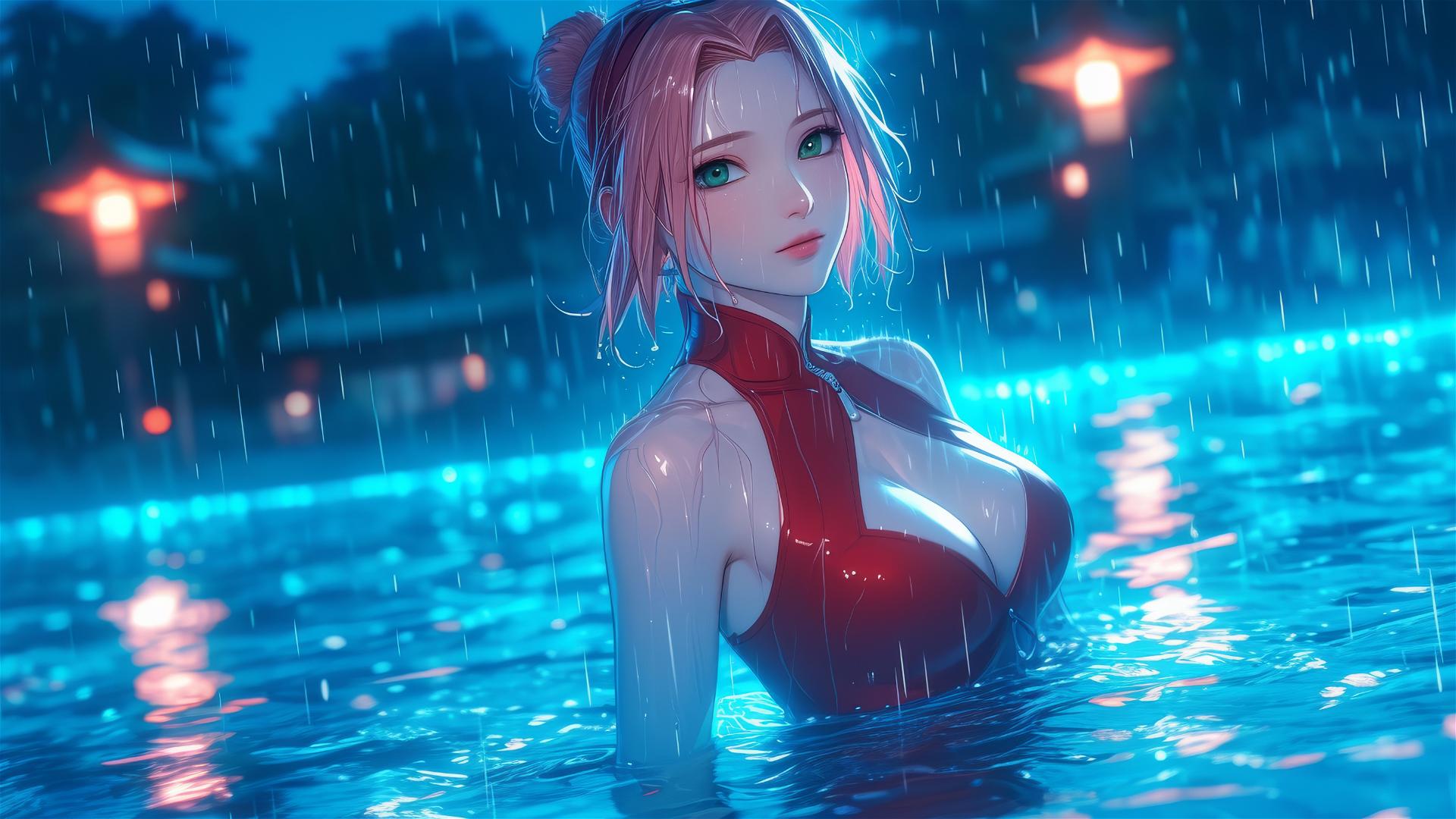 Haruno Sakura from Naruto standing in a rainy pool under moonlight with short hair