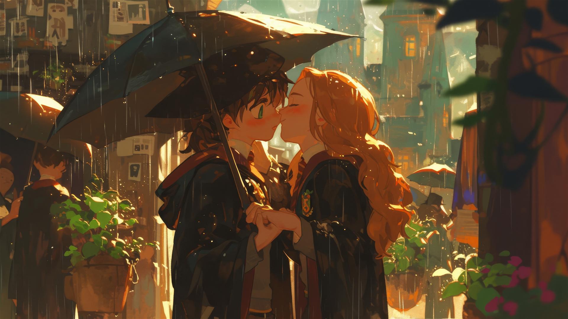Ghibli-inspired illustration of Hogwarts in the rain