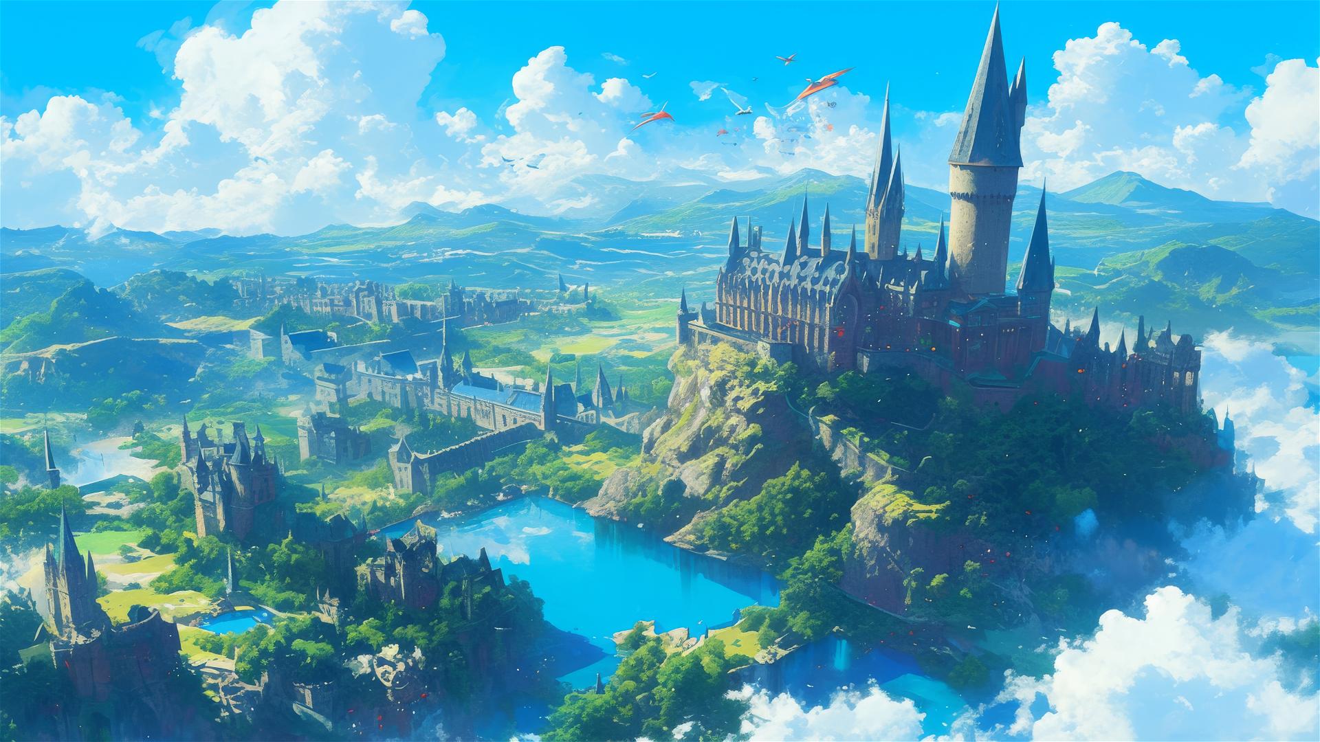 Ghibli-inspired Hogwarts from above