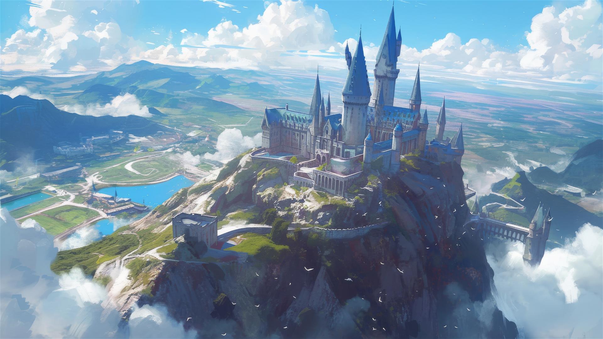 Aerial view illustration of Hogwarts