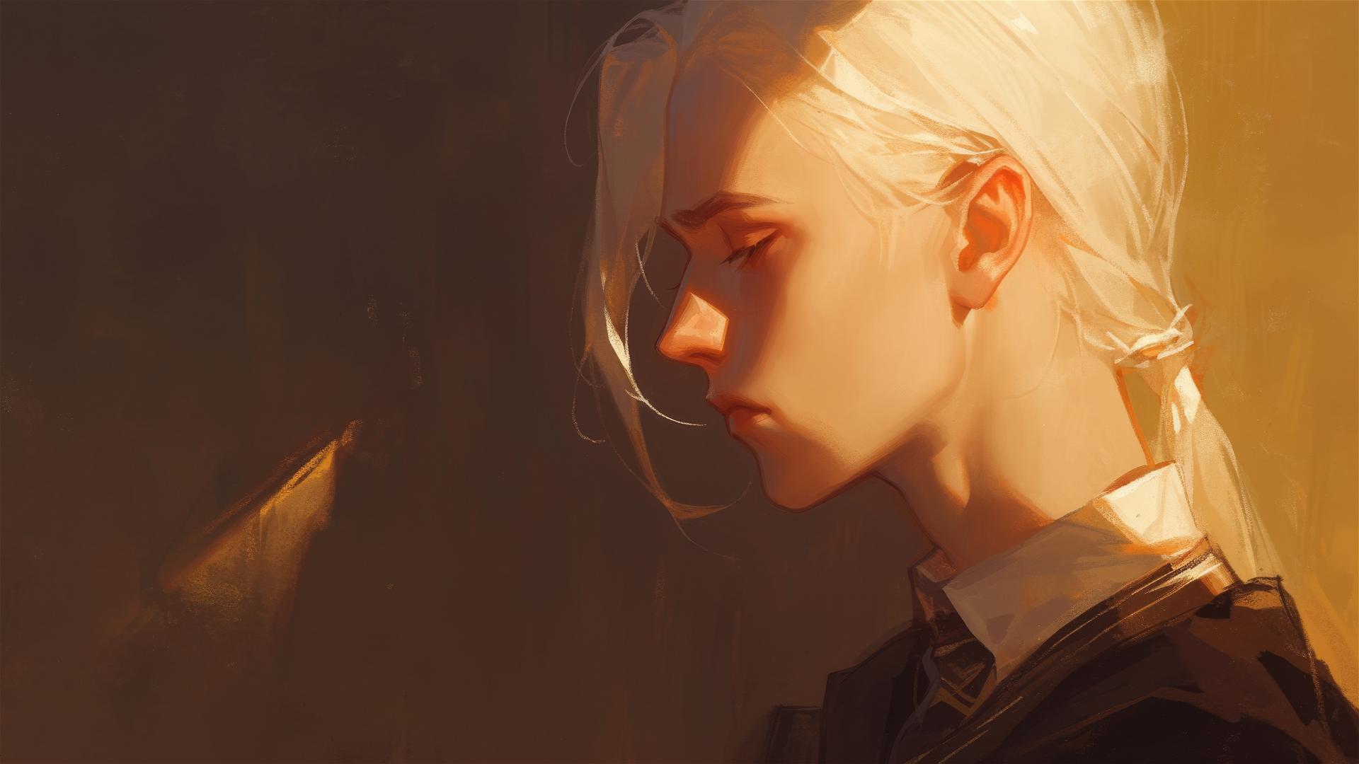 Extremely handsome Draco Malfoy illustration with a dark background and golden hair lit by spotlight effect