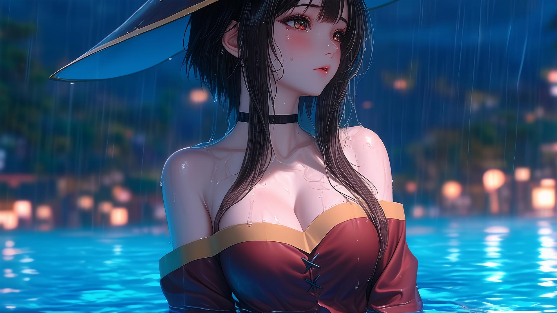 Megumin from KonoSuba standing in a pool under moonlight with rain