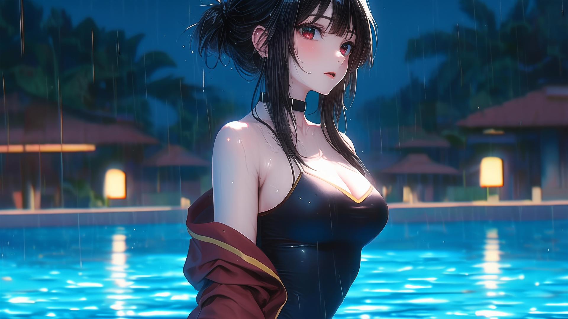 Megumin from KonoSuba standing in a pool under moonlight in the rain