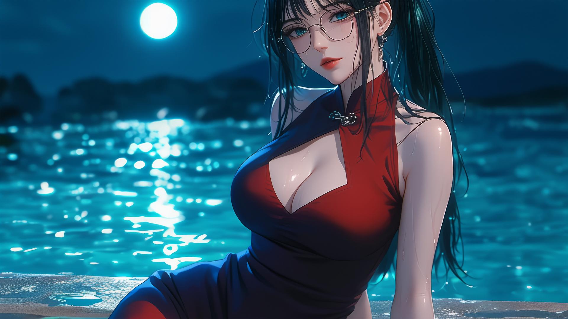 Maki Zenin from Jujutsu Kaisen resting by a pool under moonlight in rain, wearing glasses and a red dress
