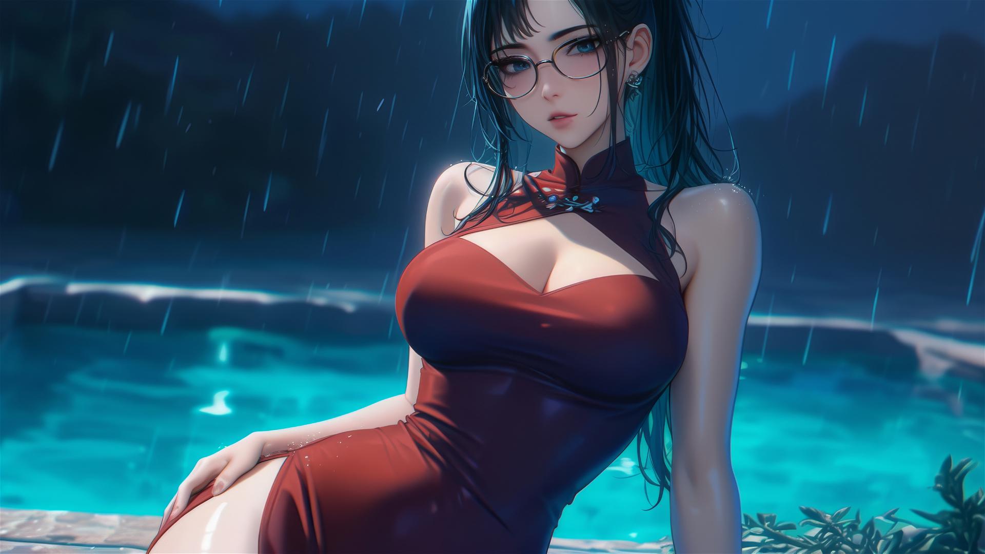 Maki Zenin from Jujutsu Kaisen resting by pool in moonlight with rain, wearing red dress and glasses
