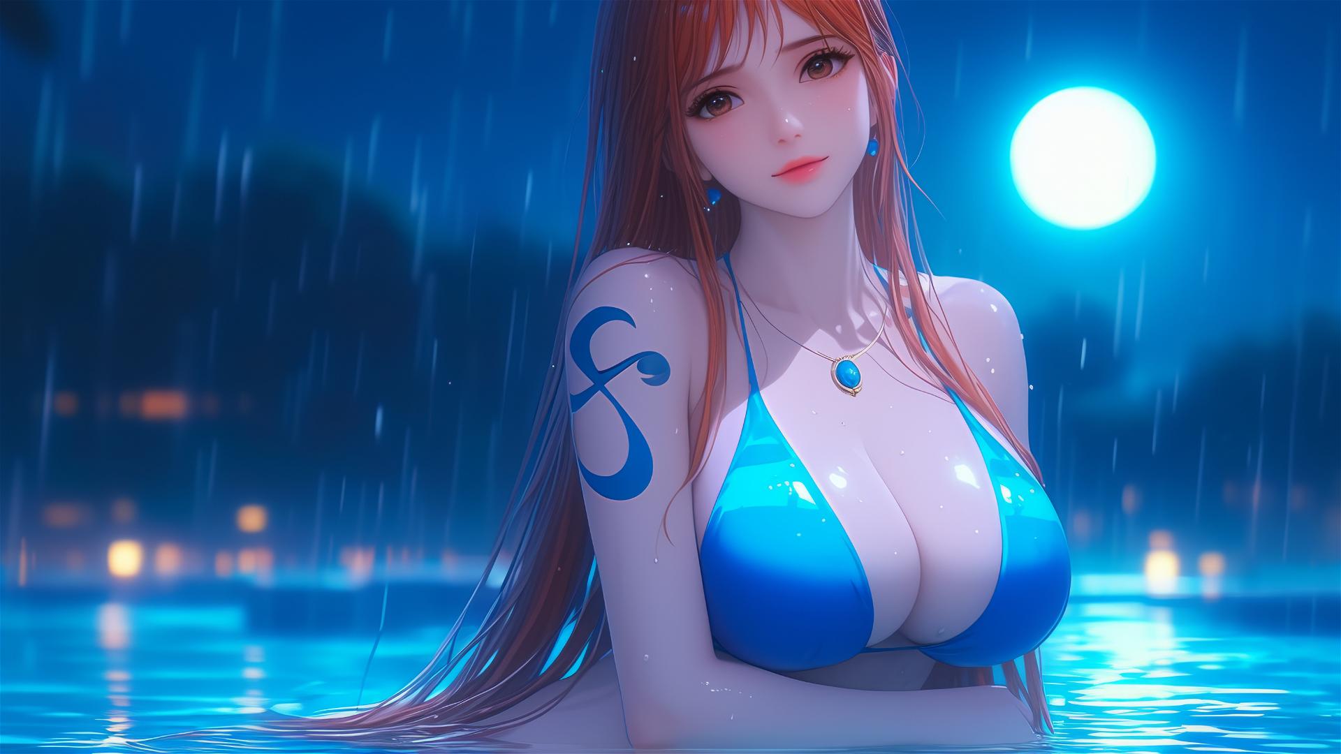 Nami from One Piece resting by pool in moonlight, rainy night, orange hair, light brown eyes