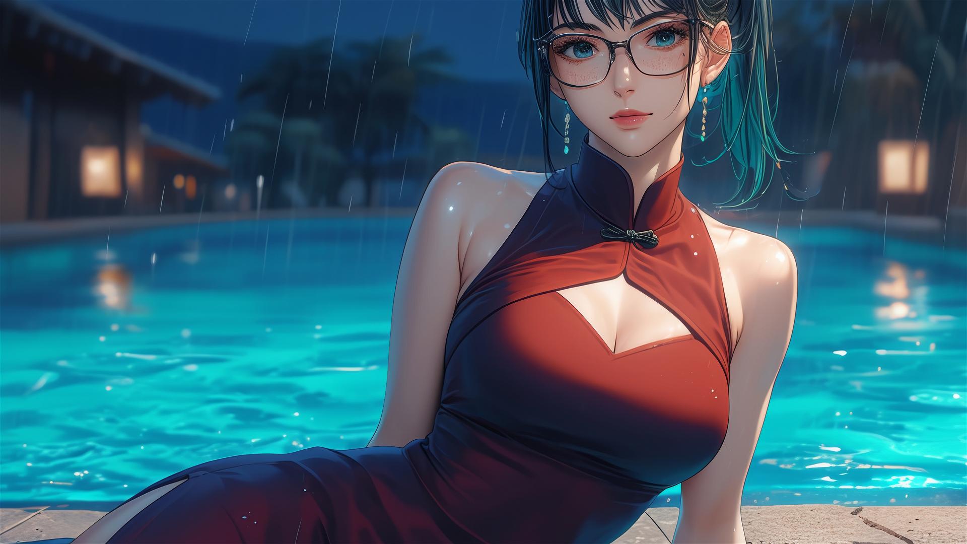 Maki Zenin from Jujutsu Kaisen by the pool in moonlight, rain, red dress, with glasses