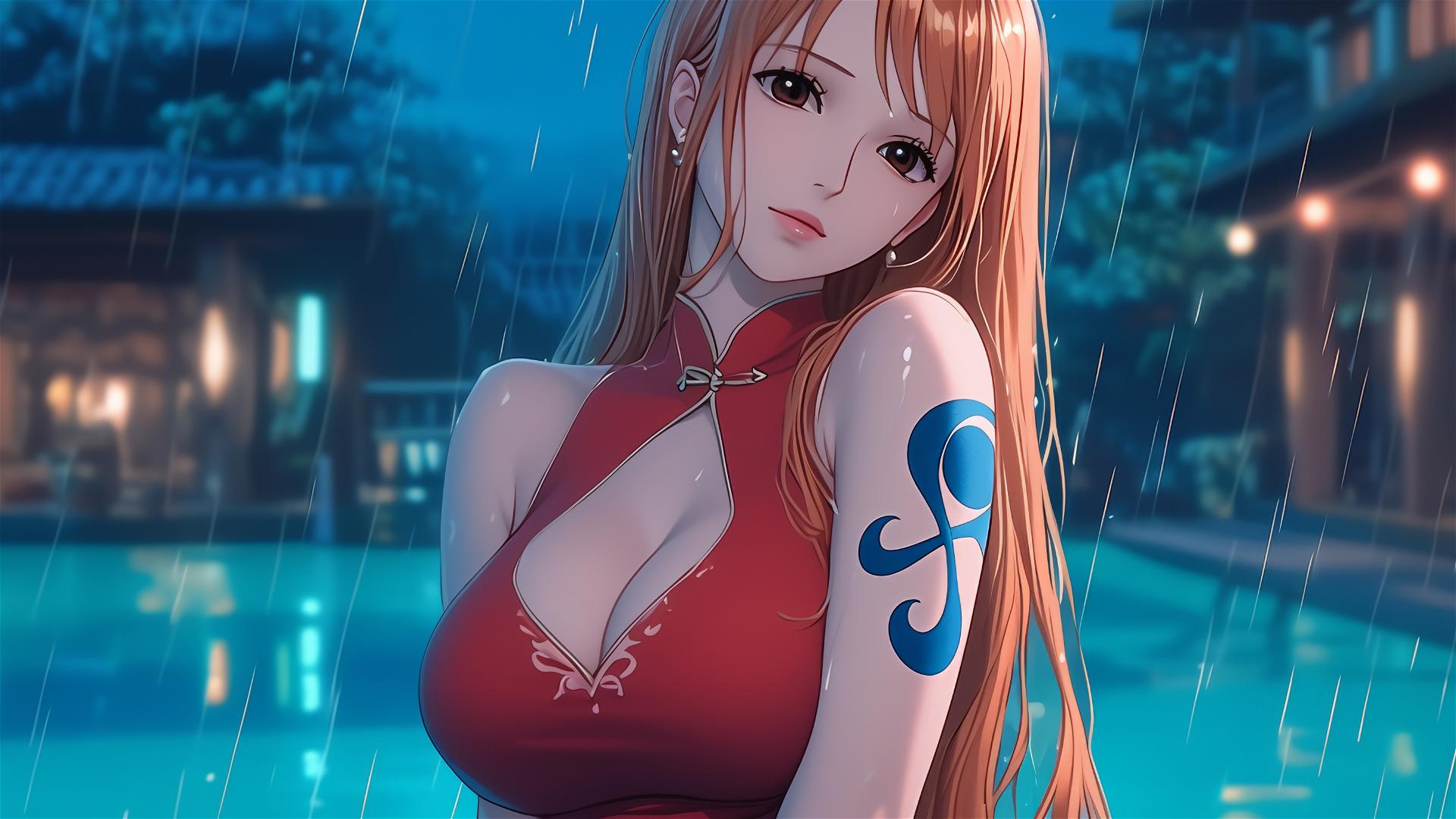 Nami from One Piece resting by a pool under moonlight in the rain