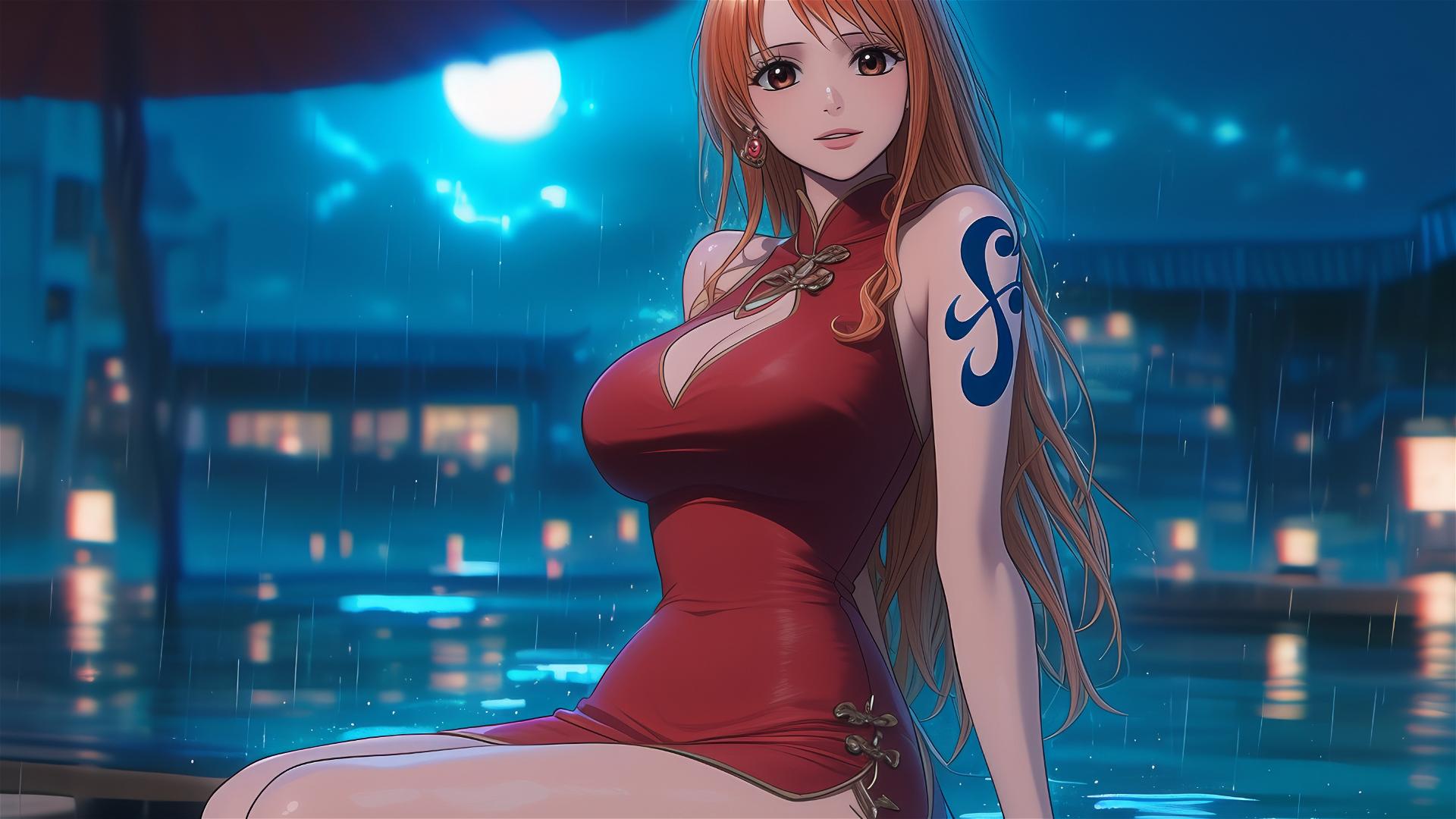 Nami from One Piece resting by the pool under moonlight in a red dress