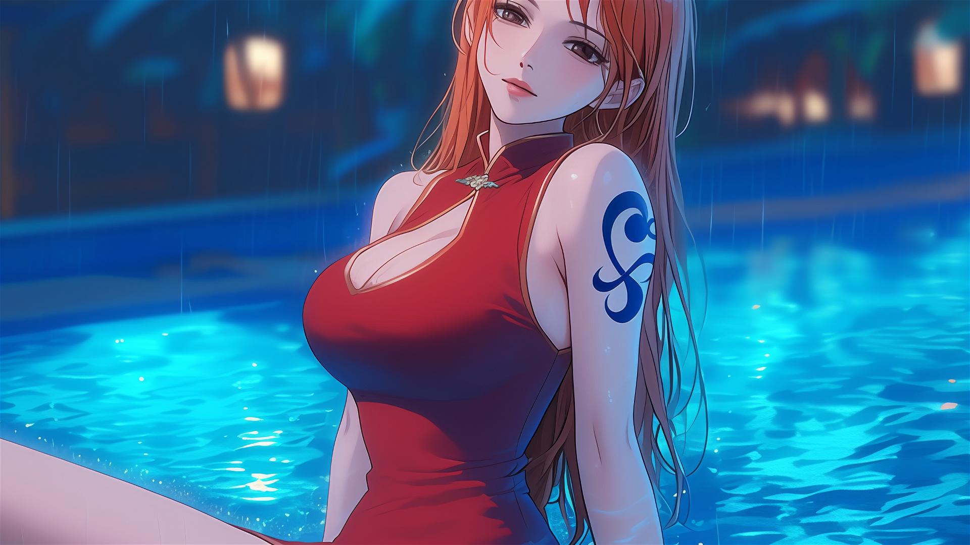 Nami from One Piece resting by the pool in moonlight, rainy setting, wearing red dress