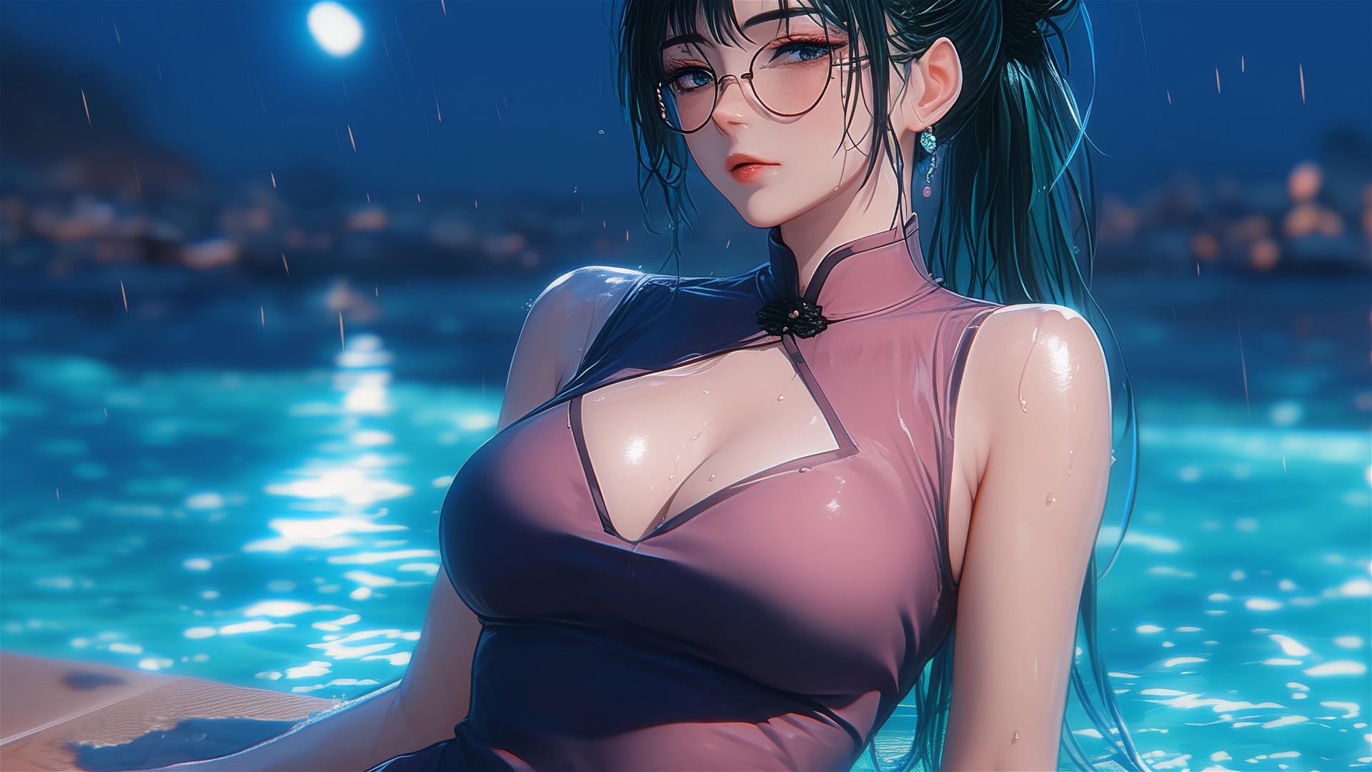 Maki Zenin by swimming pool, moonlight glow, rainy night, glasses, pink dress.