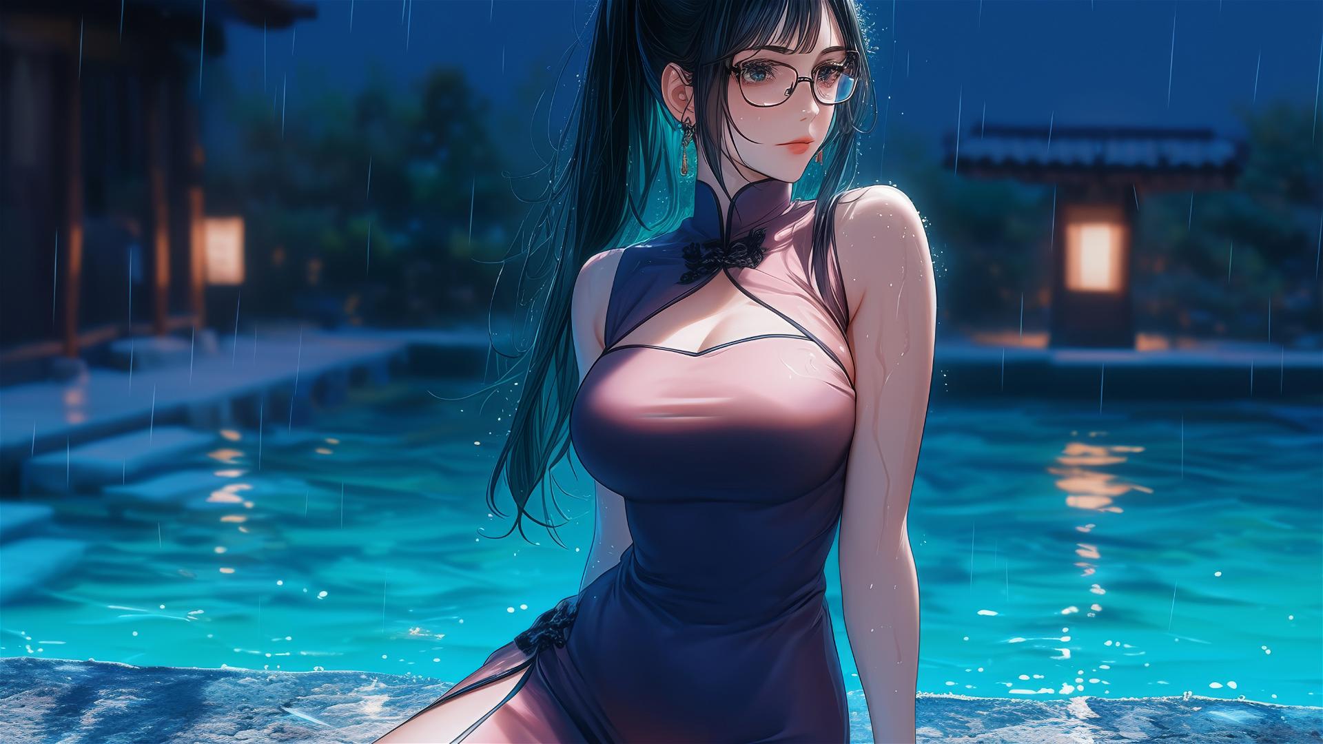 Maki Zenin from Jujutsu Kaisen resting by pool under moonlight in rain, wearing glasses and pink dress