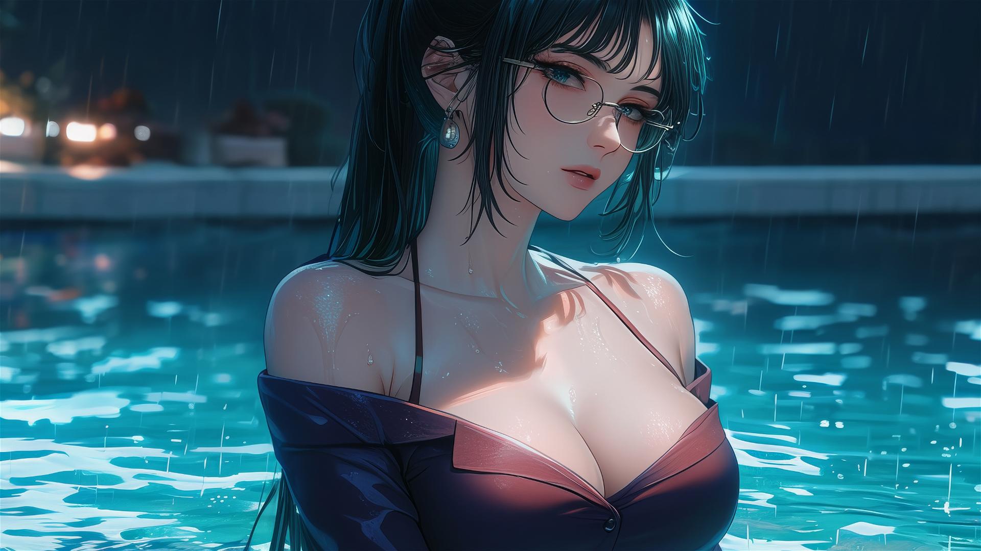 Maki Zenin from Jujutsu Kaisen resting by pool with moonlight and rain, wearing glasses and pink clothes.