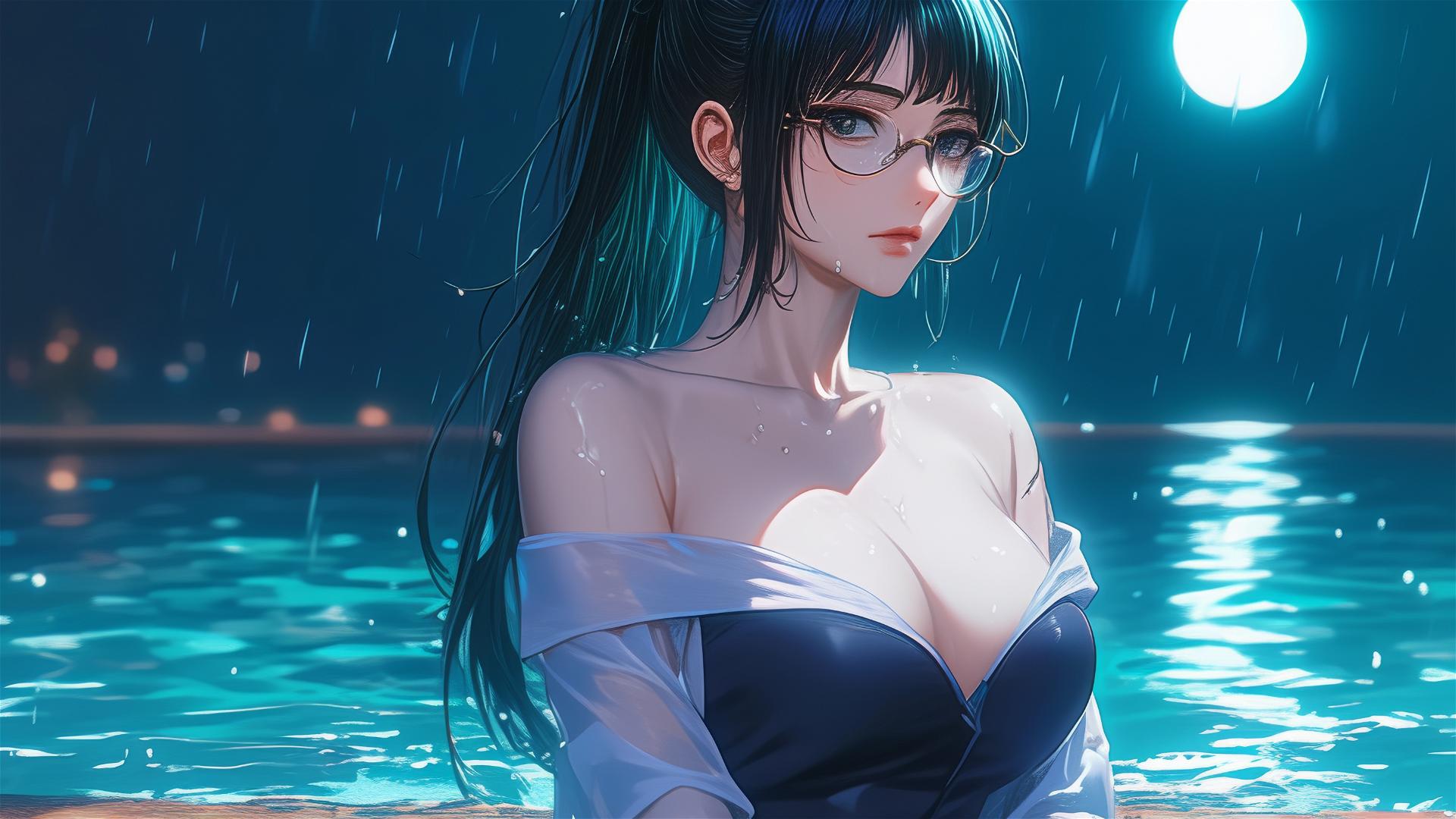 Maki Zenin from Jujutsu Kaisen resting by a pool under moonlight, rain with glasses, in pink