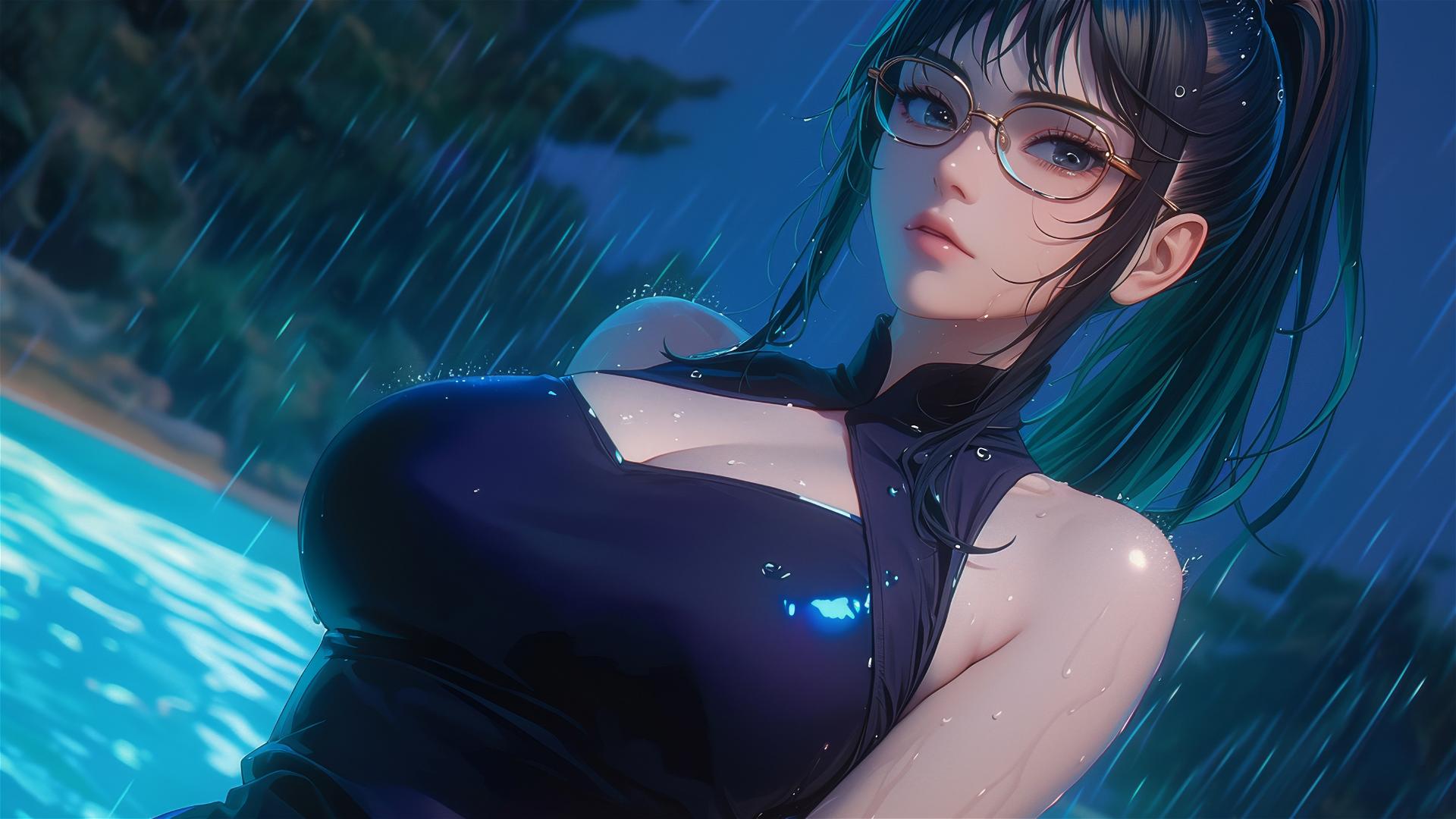 Maki Zenin from Jujutsu Kaisen resting by pool under moonlight, rainy ambiance with eyeglasses.