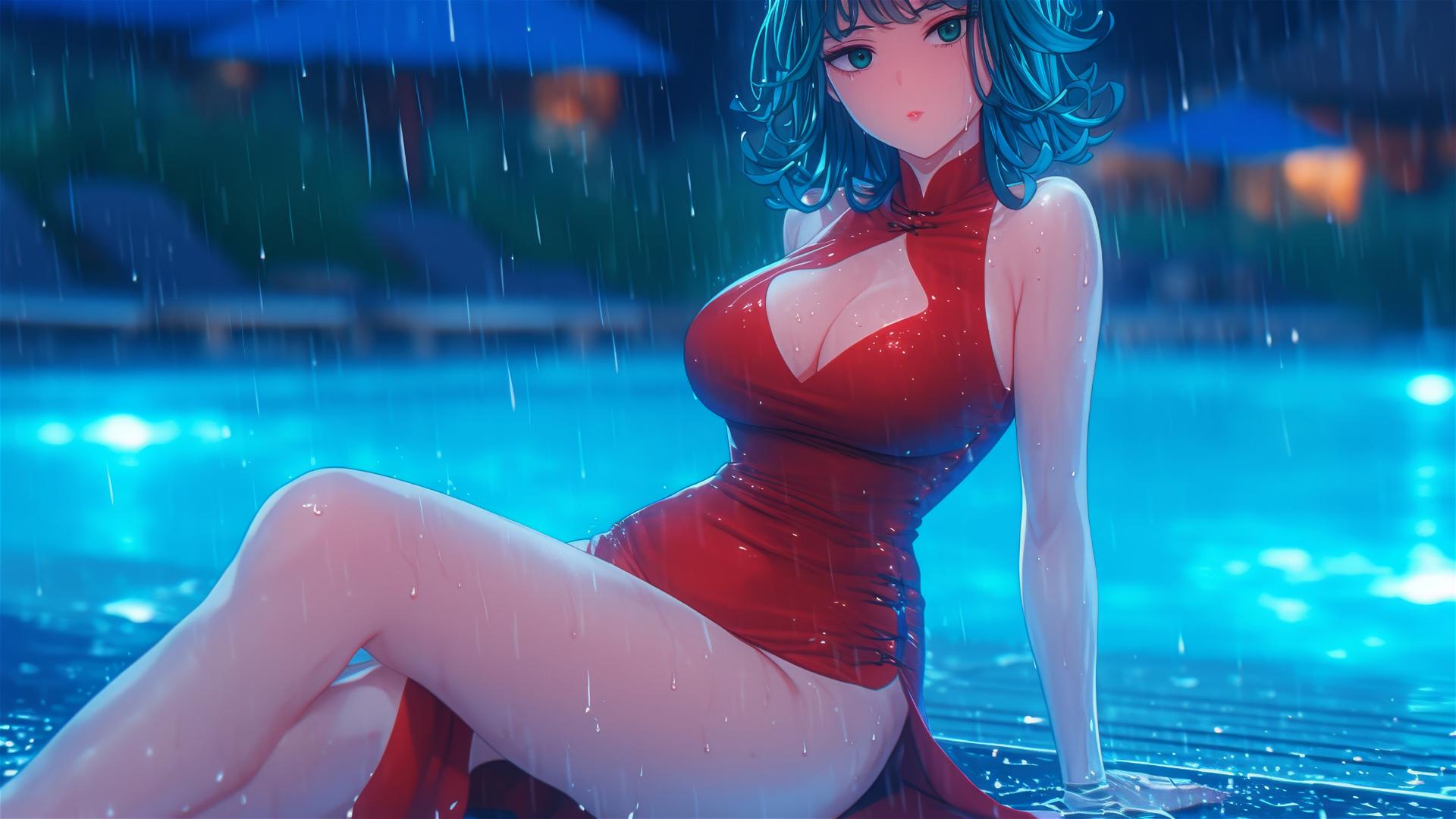 Tatsumaki from One-Punch Man resting by the pool at night with moonlight and rain, wearing a red dress