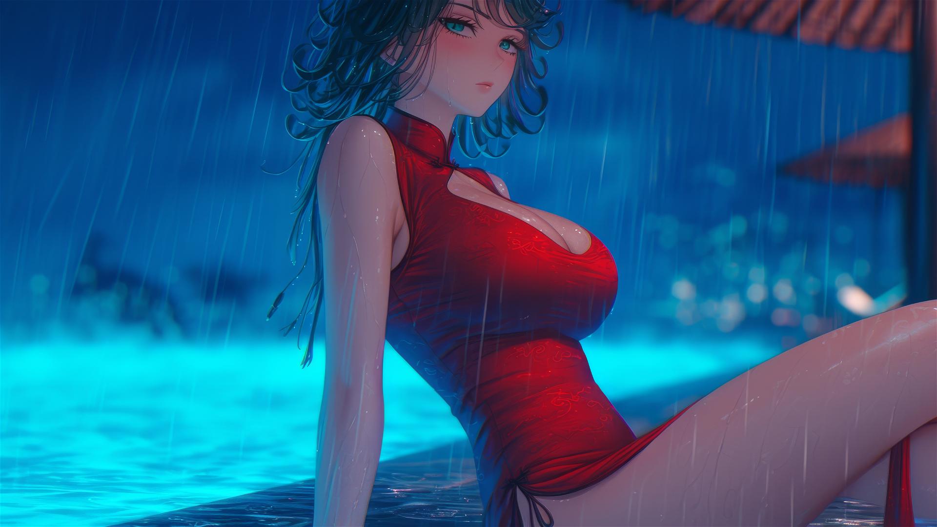 Tatsumaki resting by pool in moonlight, rainy, red dress