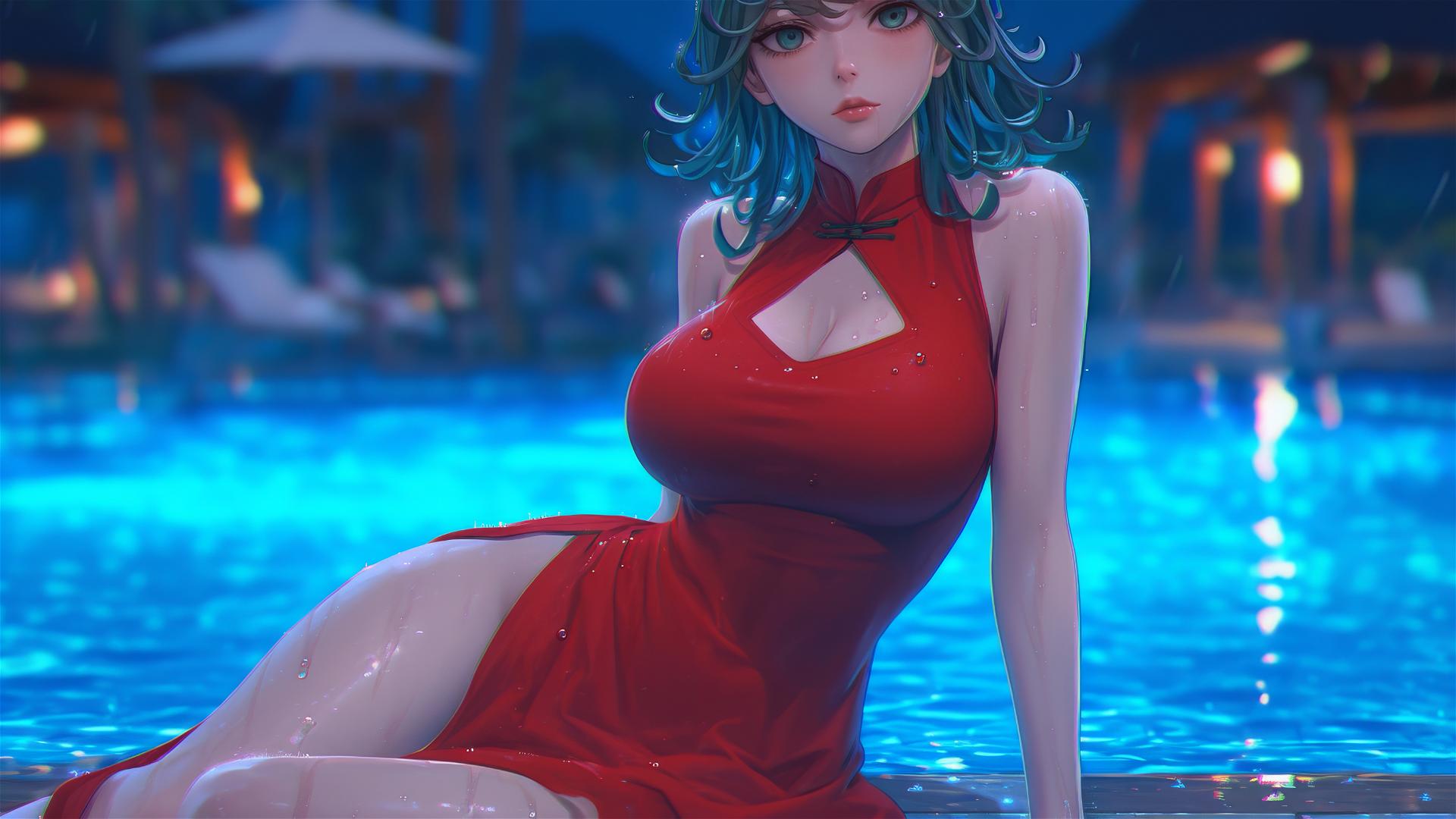 Tatsumaki from One-Punch Man by pool under moonlight in red dress with rain