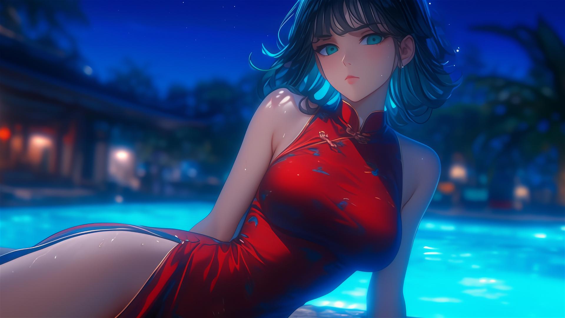 Tatsumaki from One-Punch Man resting by a pool under moonlight in the rain, wearing a red dress