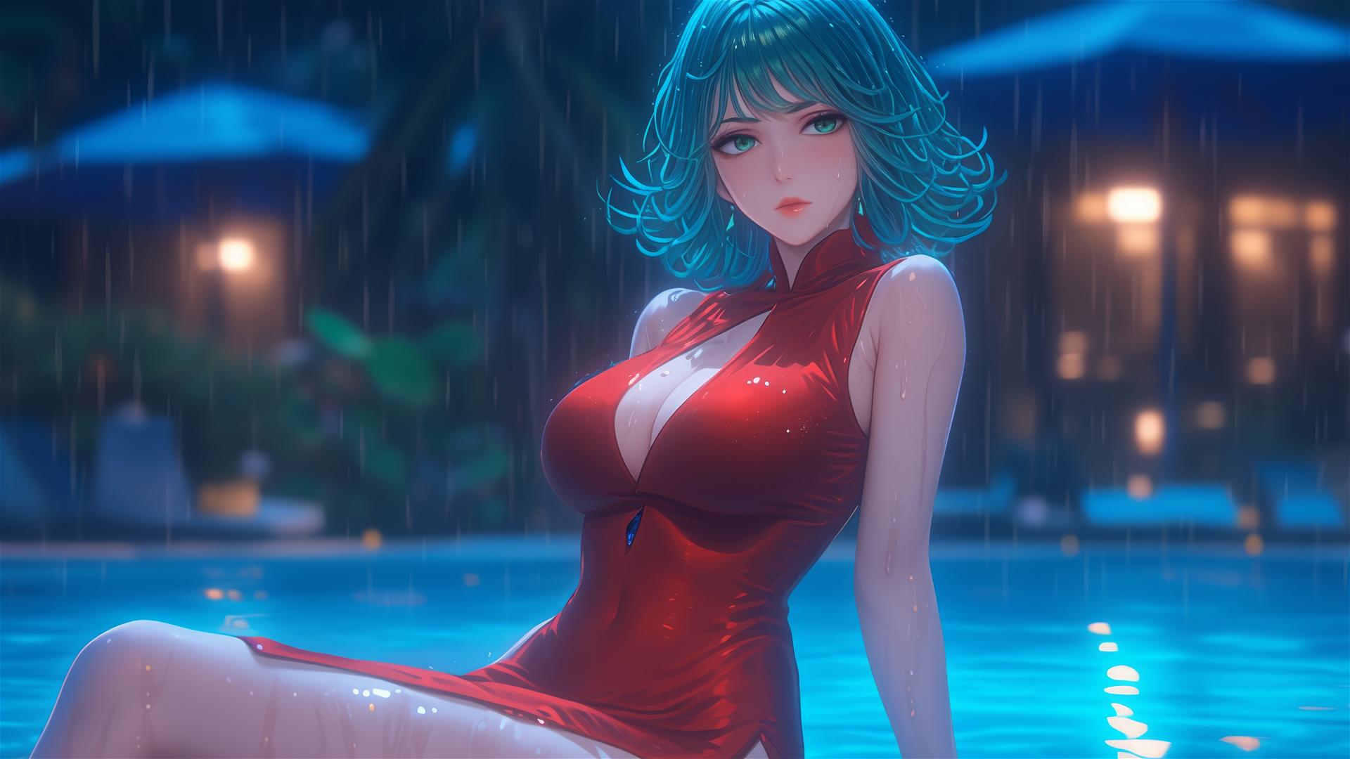 Tatsumaki from One-Punch Man resting by pool under moonlight in rain, red dress