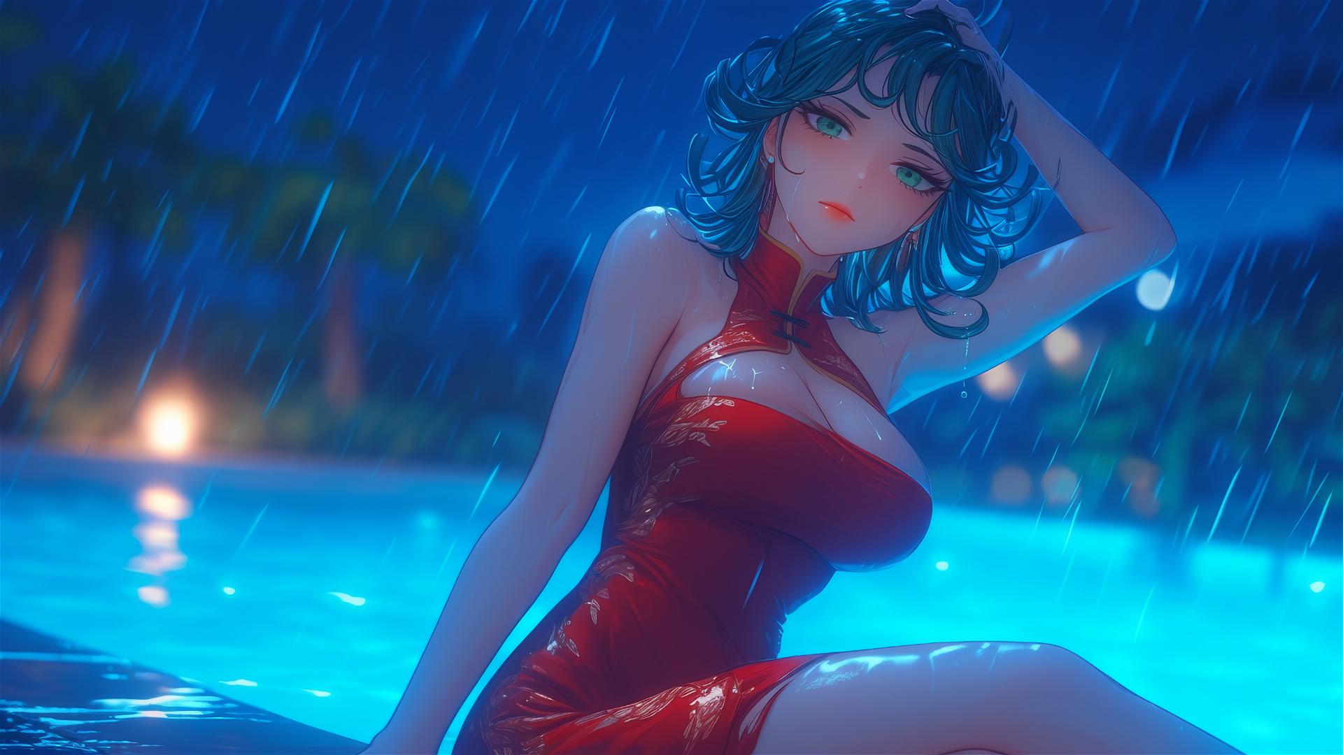 Tatsumaki from One-Punch Man resting by the pool under moonlight, rain, red dress