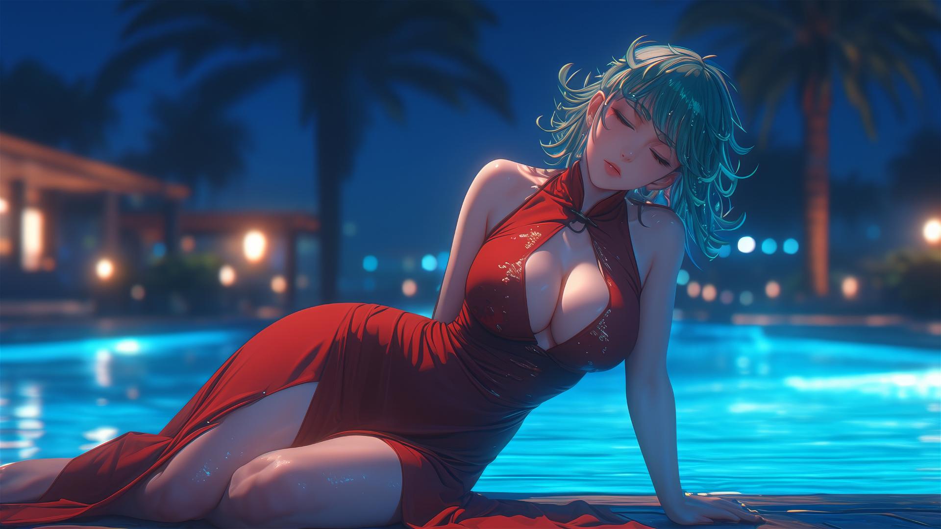 Tatsumaki from One-Punch Man resting by pool under moonlight, rain, in red dress