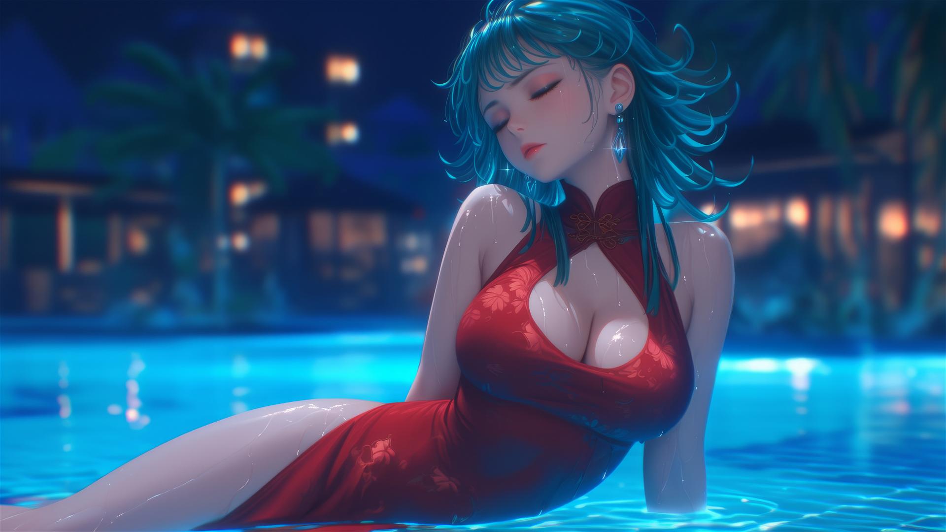Tatsumaki from One-Punch Man resting by pool with moon glow in rain, red dress