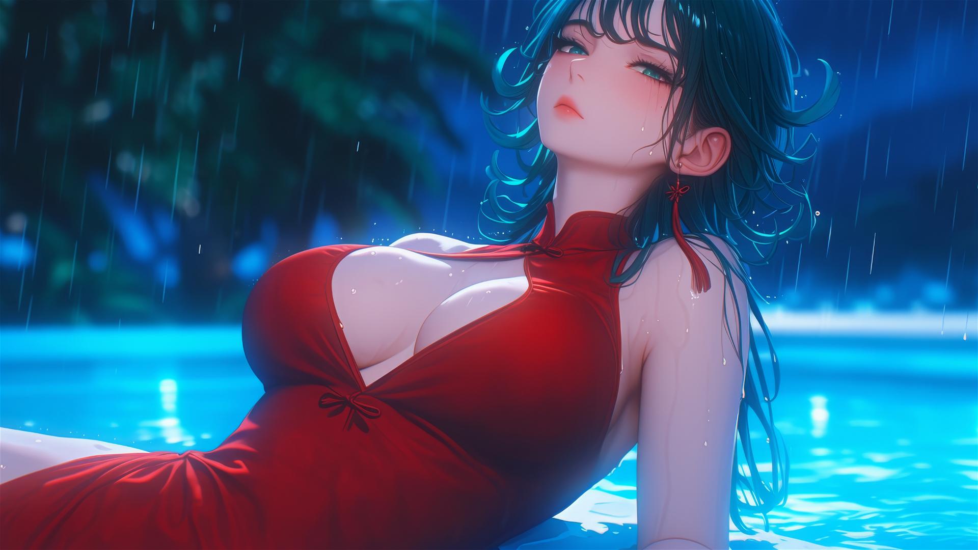 Tatsumaki from One-Punch Man resting by pool under moonlight in red dress, rainy ambiance