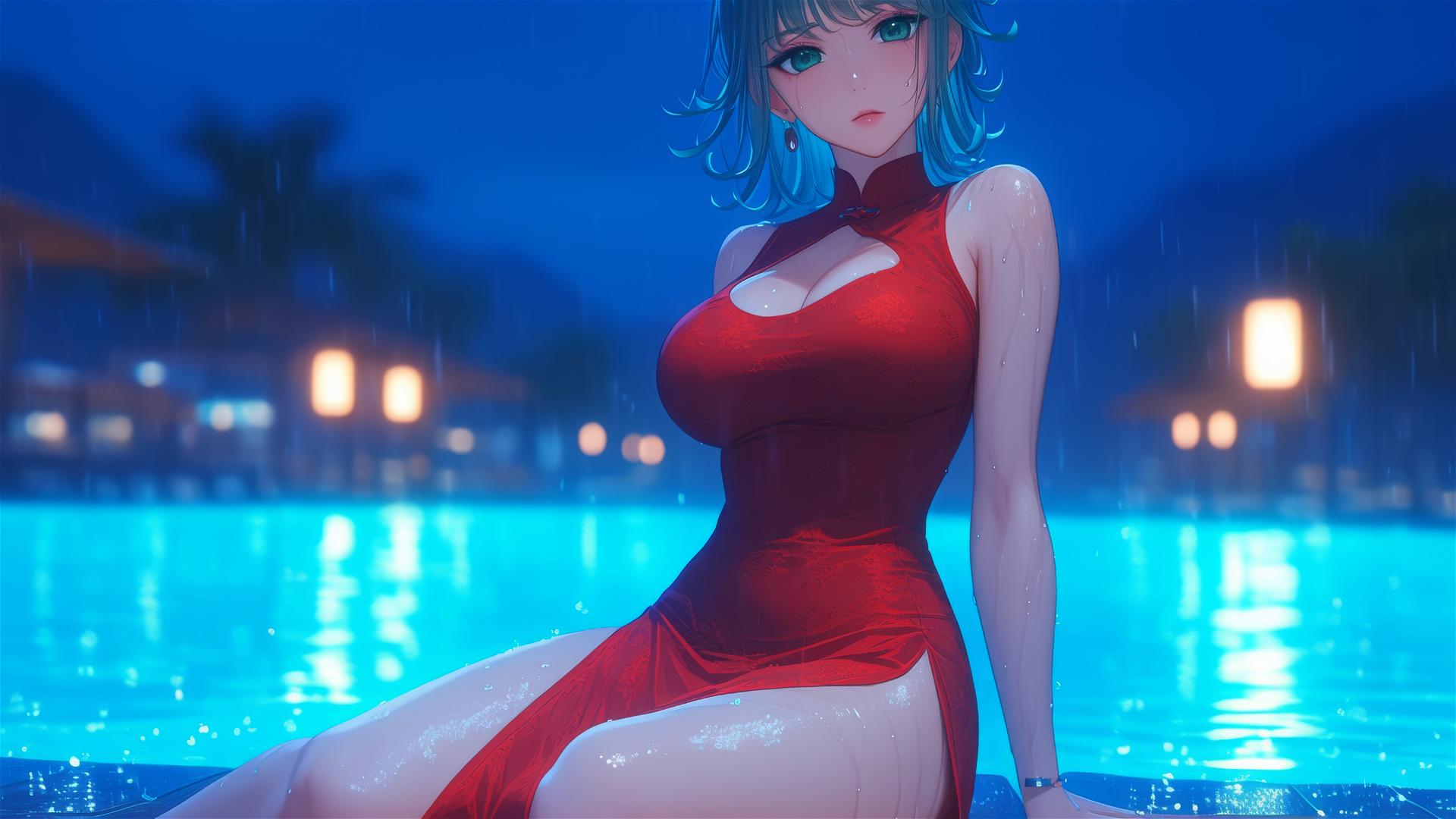 Tatsumaki from One-Punch Man resting by pool with moon glow, rainy scene in red dress