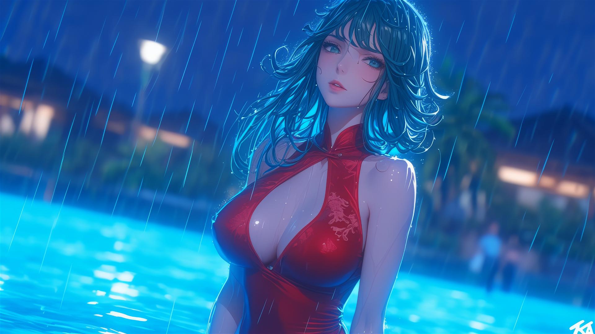 Tatsumaki in red dress standing in a pool under moonlit rainy night