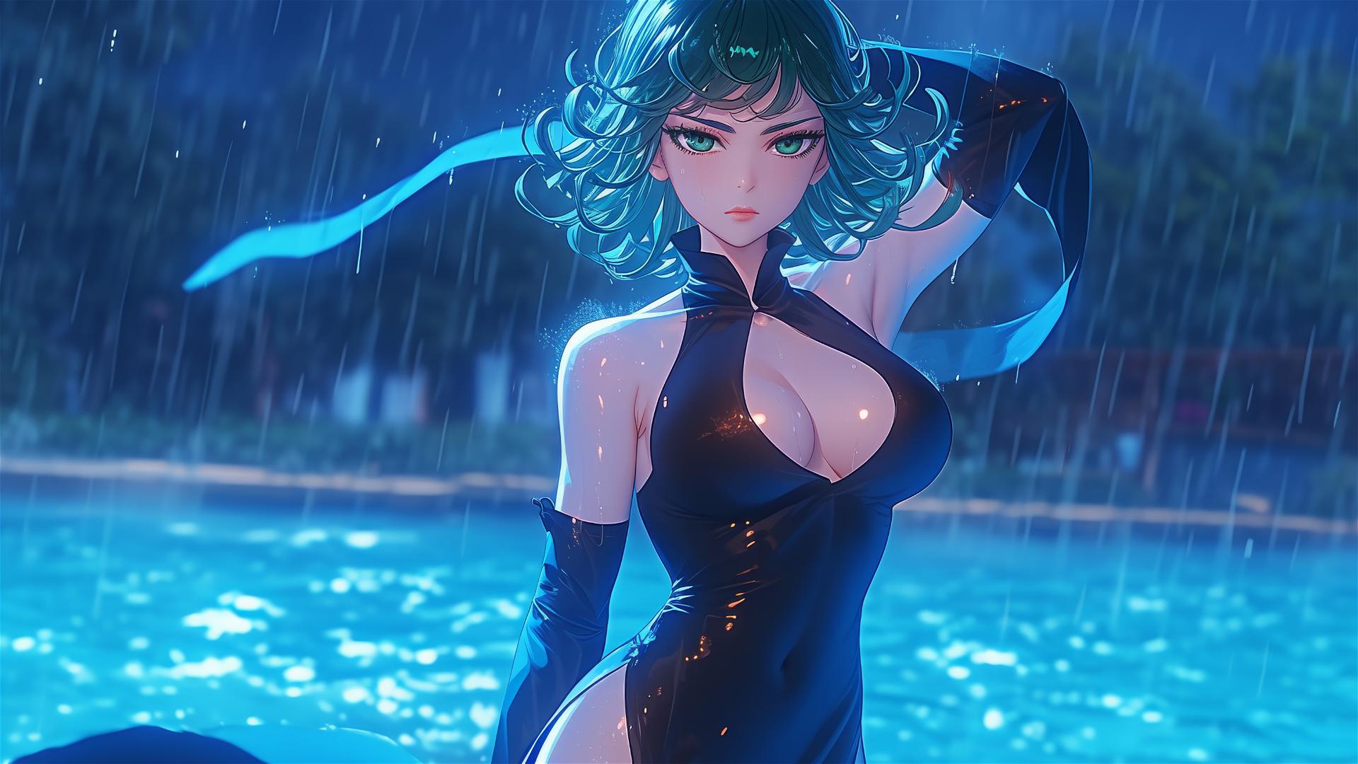 Tatsumaki from One-Punch Man standing in a pool under moonlight in the rain