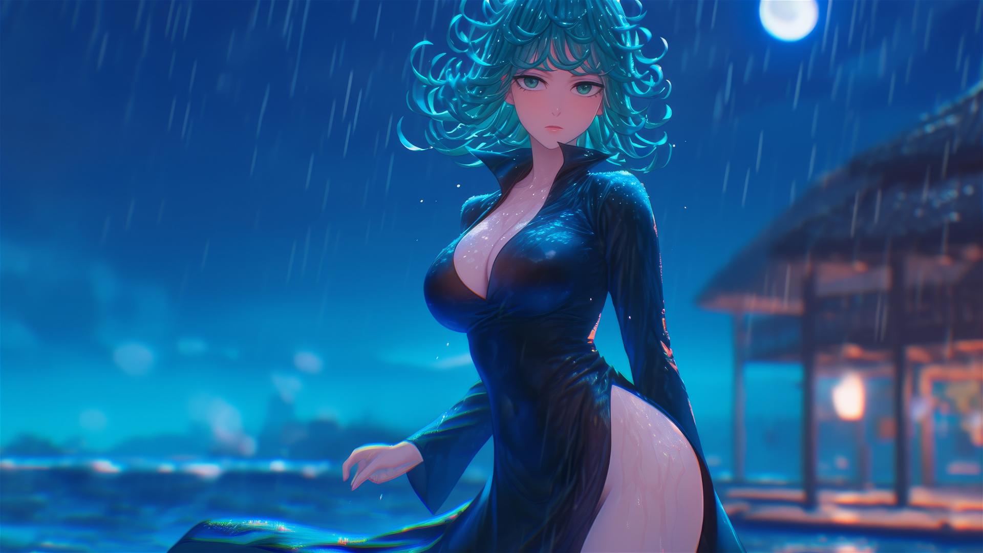 Tatsumaki from One-Punch Man standing in pool with moonlight and rain