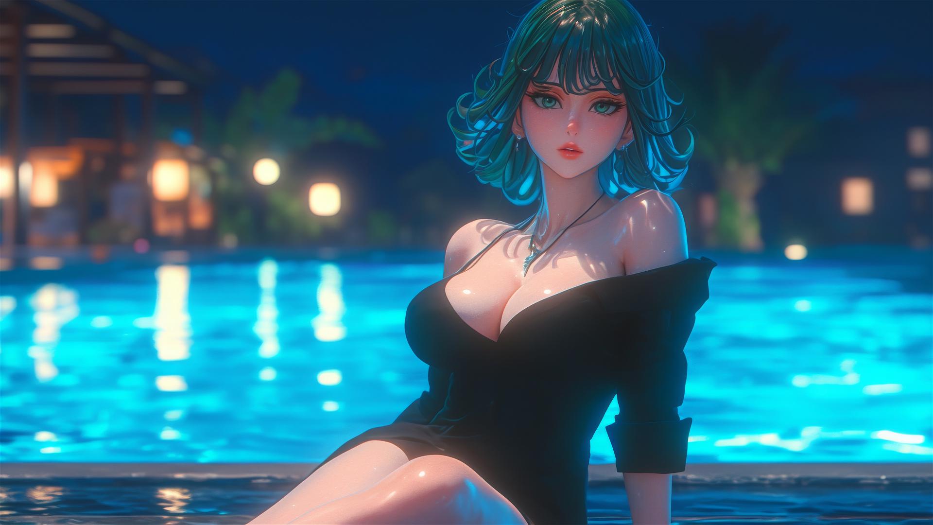 Tatsumaki from One-Punch Man resting by pool in moonlight