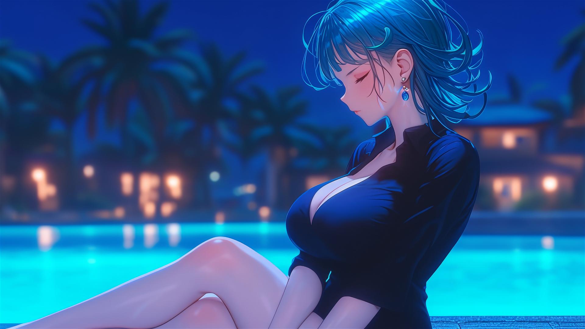 Tatsumaki from One-Punch Man resting by a pool under moonlight