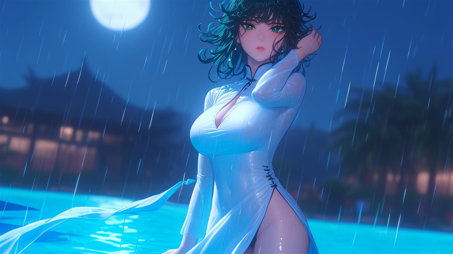 Tatsumaki from One-Punch Man in a white dress, standing in a pool under moonlight, rainy ambiance